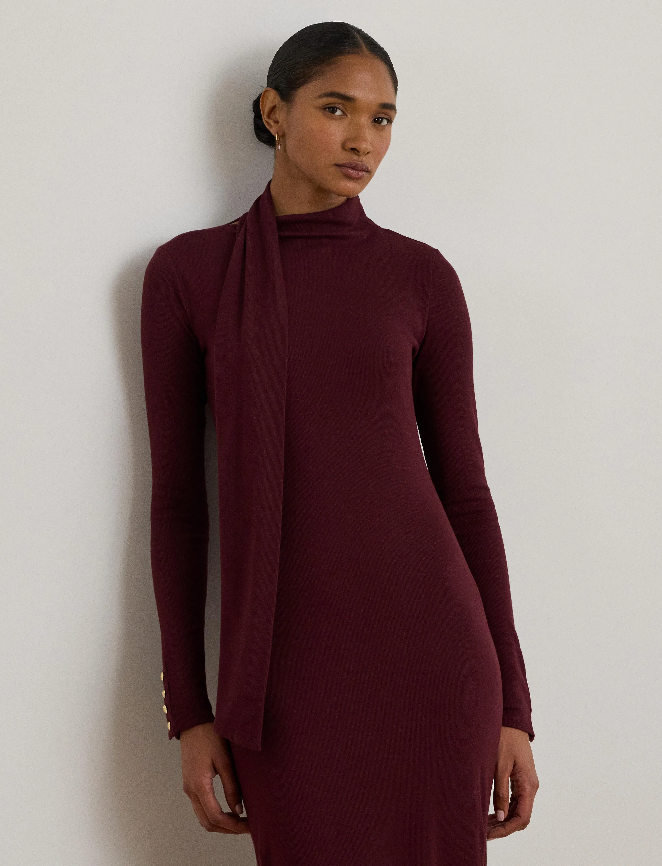 Lauren Ralph Scarf-Trim Cotton-Blend Rib-Knit Dress, S, Dresses, Burgunderrot - Knee-length & Midi, Frauen