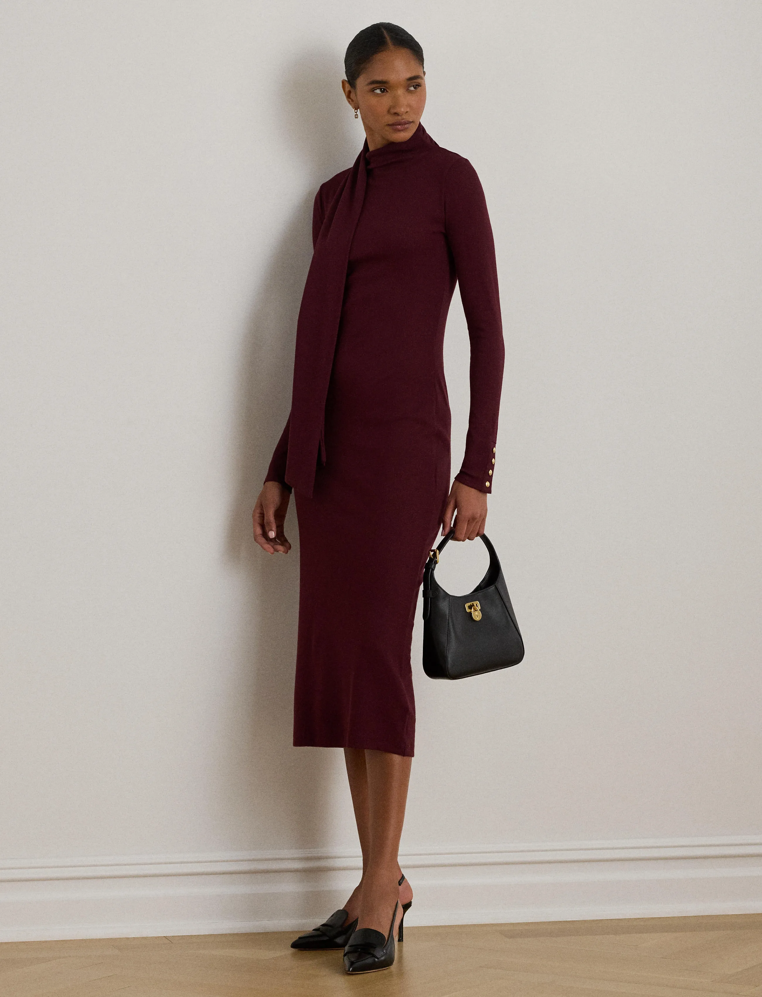 Lauren Ralph Lauren Scarf-Trim Cotton-Blend Rib-Knit Dress - Kjoler - DARK GARNET / burgundy