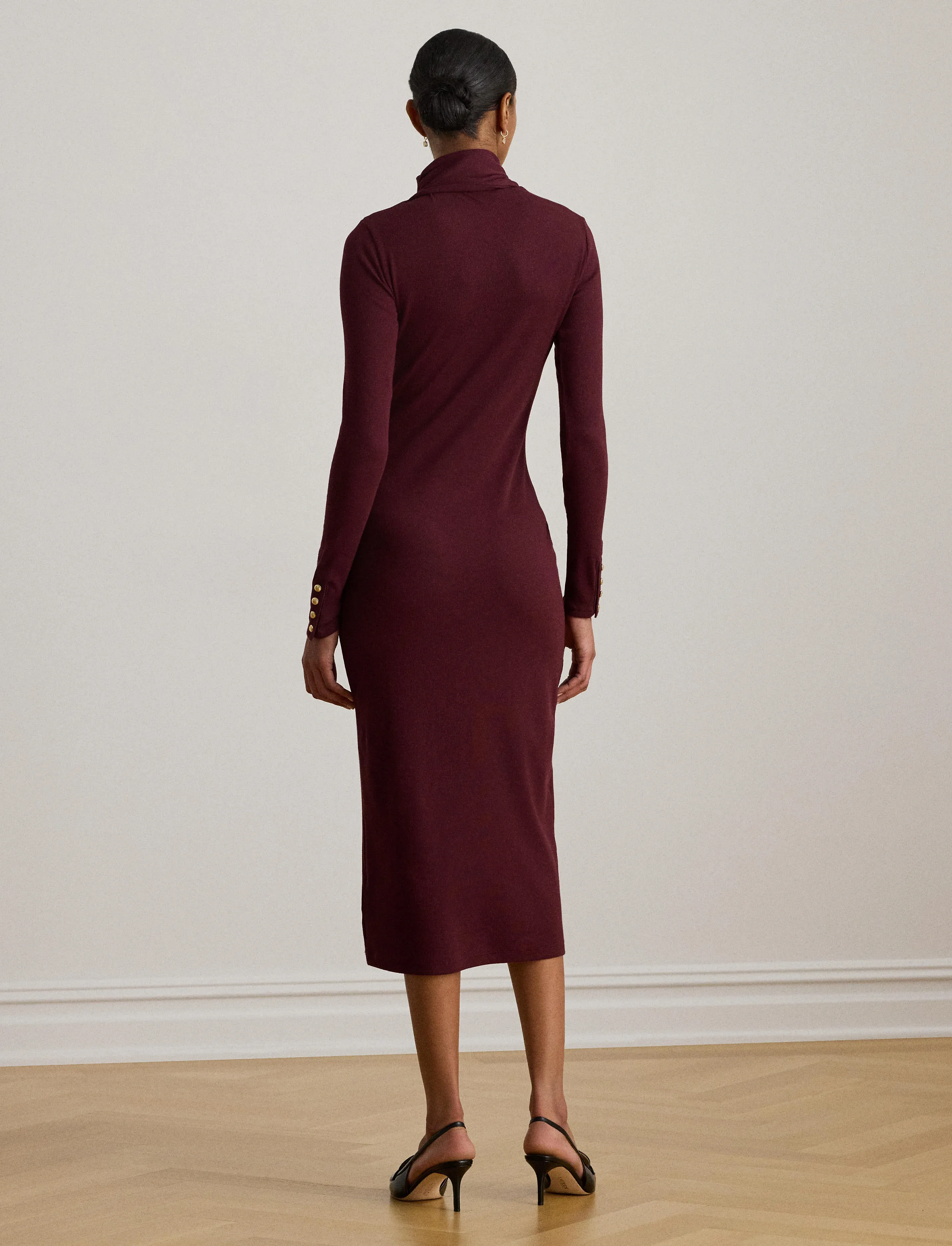 Lauren Ralph Lauren - Scarf-Trim Cotton-Blend Rib-Knit Dress - knitted dresses - dark garnet - 3
