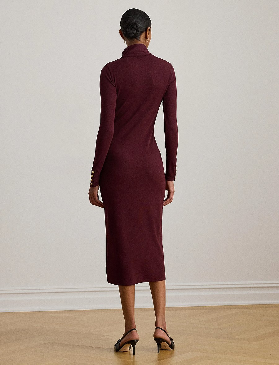 Lauren Ralph Lauren - Scarf-Trim Cotton-Blend Rib-Knit Dress - knitted dresses - dark garnet - 3