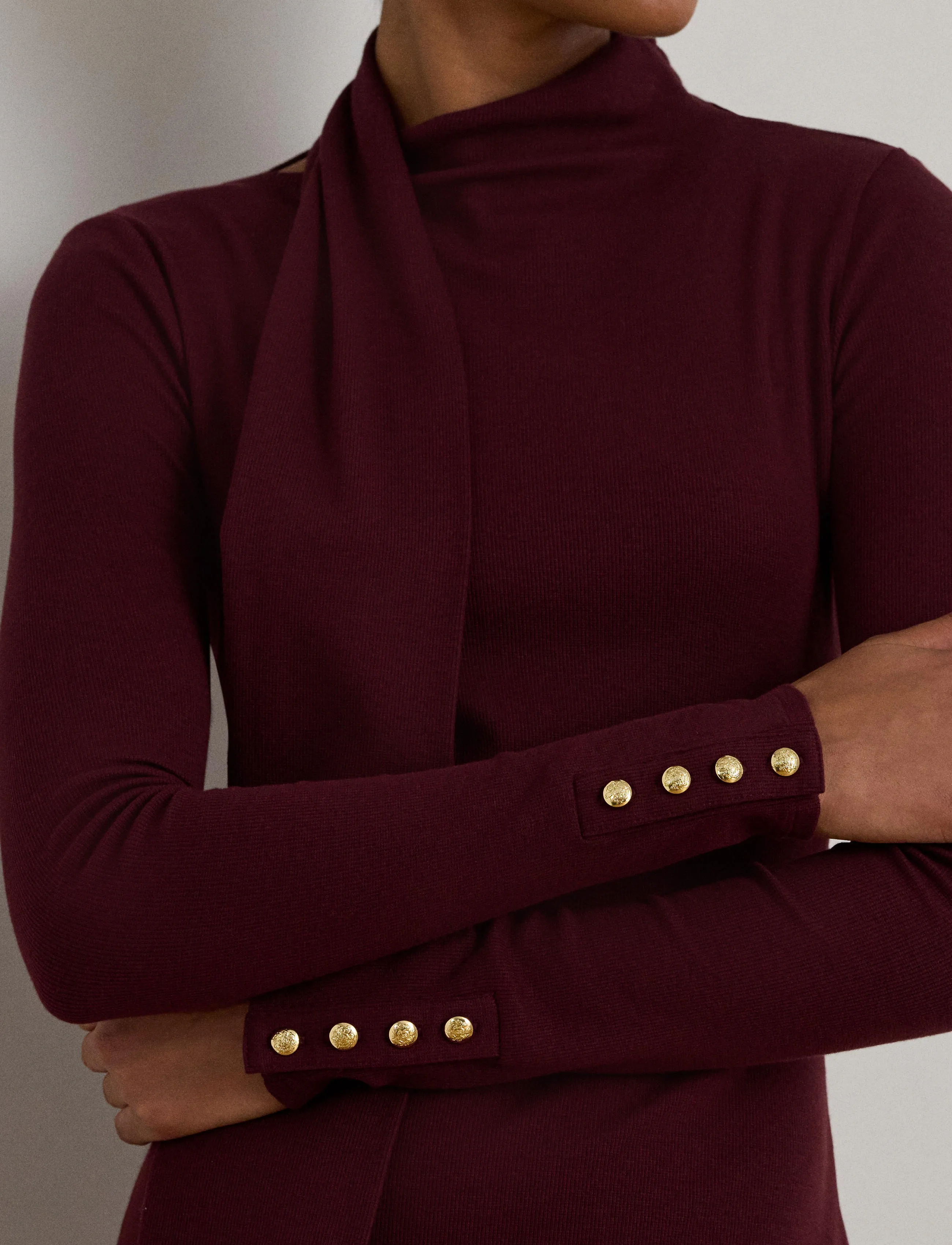 Lauren Ralph Lauren - Scarf-Trim Cotton-Blend Rib-Knit Dress - knitted dresses - dark garnet - 4