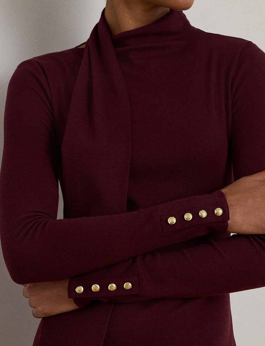 Lauren Ralph Lauren - Scarf-Trim Cotton-Blend Rib-Knit Dress - knitted dresses - dark garnet - 4