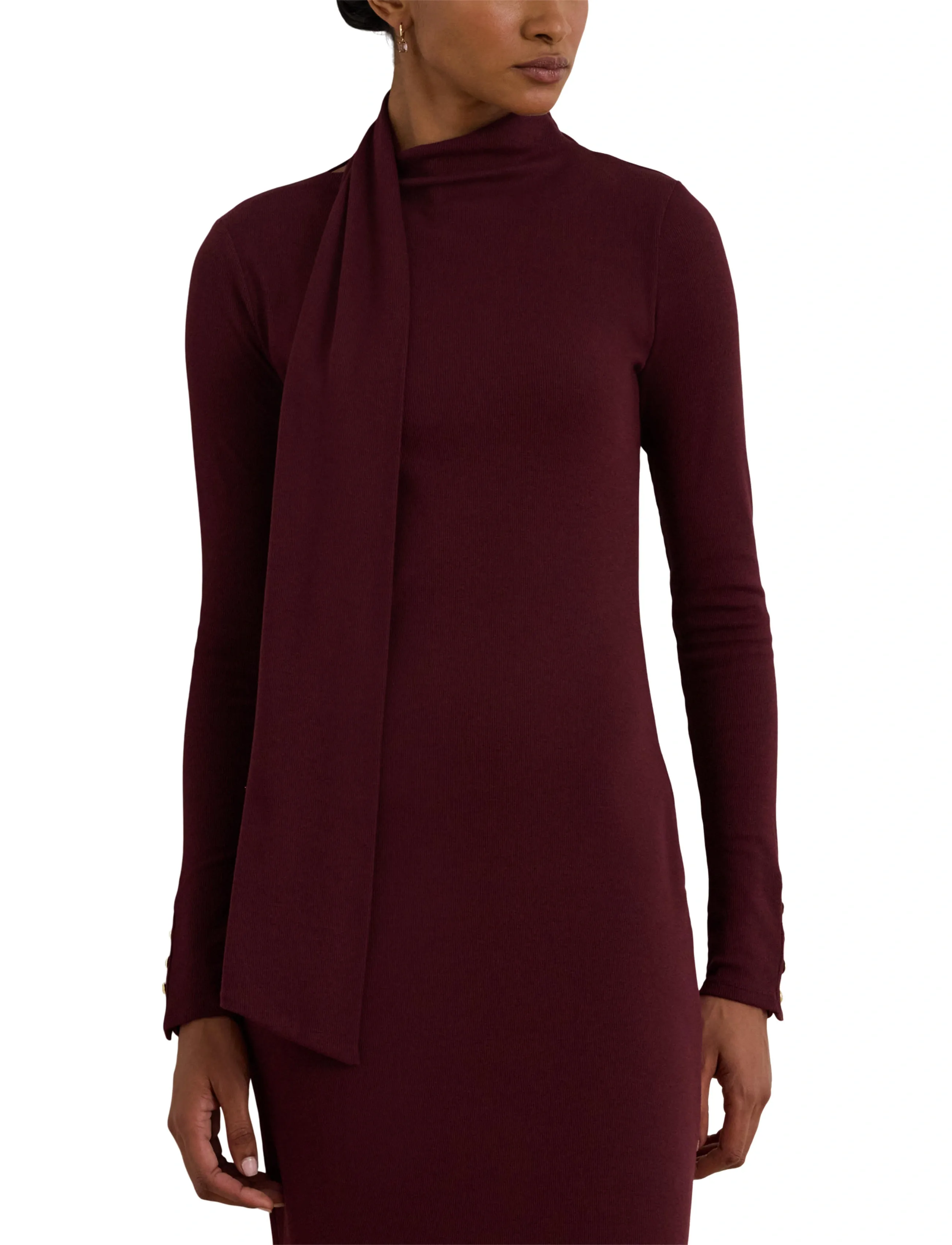 Lauren Ralph Lauren - Scarf-Trim Cotton-Blend Rib-Knit Dress - knitted dresses - dark garnet - 5