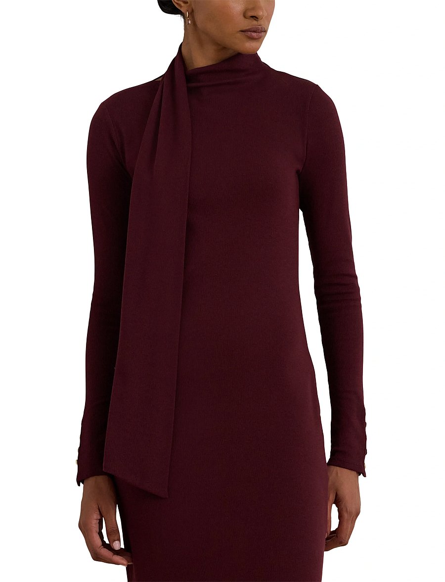 Lauren Ralph Lauren - Scarf-Trim Cotton-Blend Rib-Knit Dress - knitted dresses - dark garnet - 5