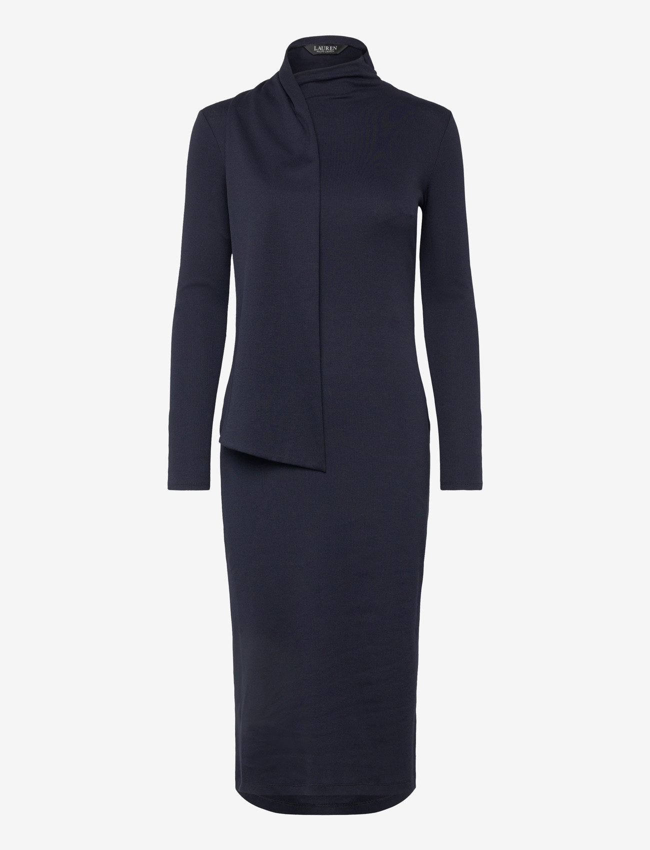 Lauren Ralph Lauren - Scarf-Trim Cotton-Blend Rib-Knit Dress - stickade klänningar - lauren navy - 0