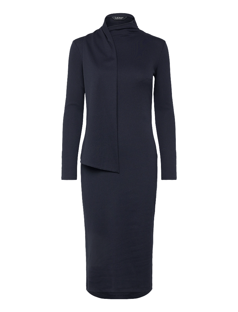 Lauren Ralph Lauren - Scarf-Trim Cotton-Blend Rib-Knit Dress - stickade klänningar - lauren navy - 0