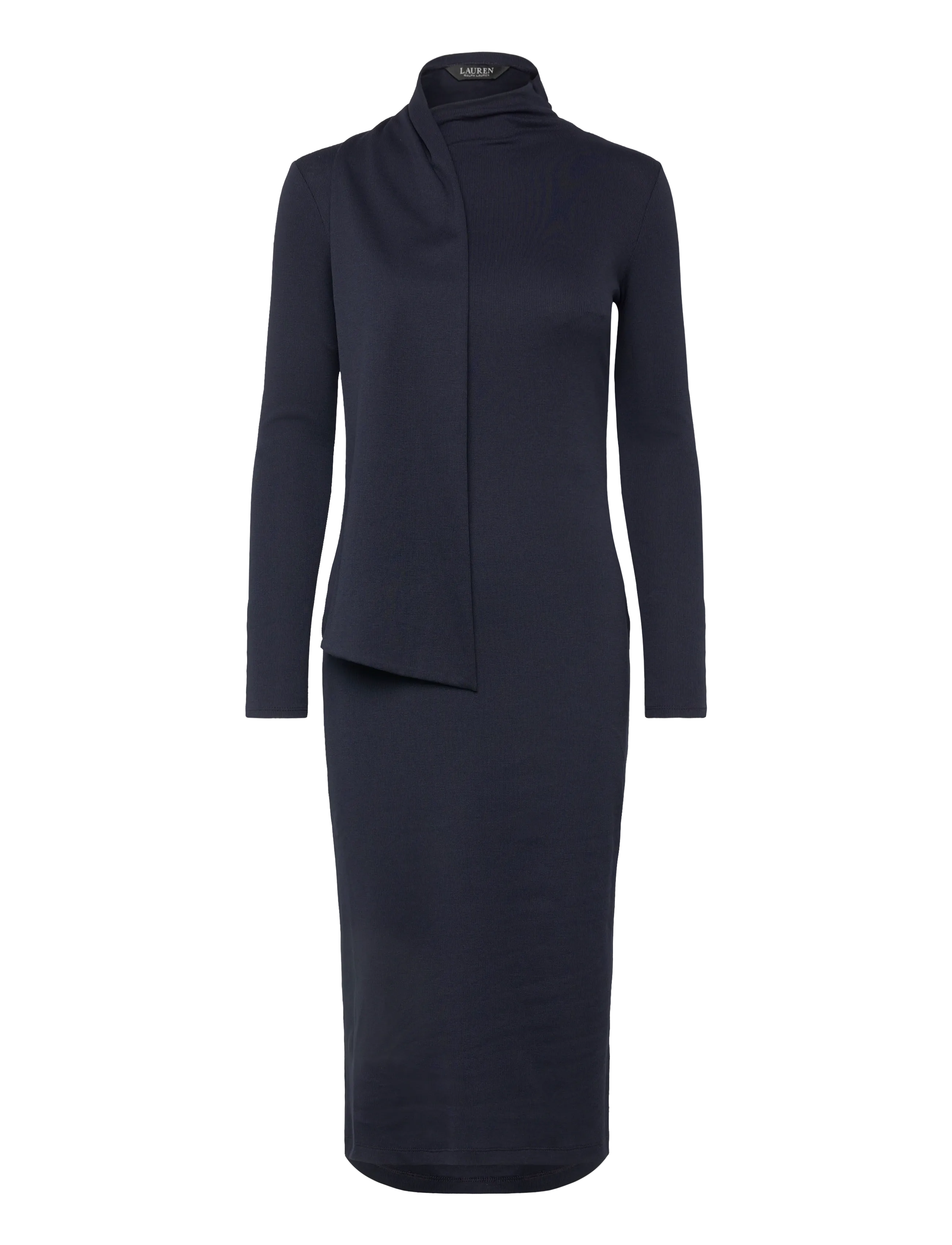 Lauren Ralph Lauren - Scarf-Trim Cotton-Blend Rib-Knit Dress - knitted dresses - lauren navy - 1