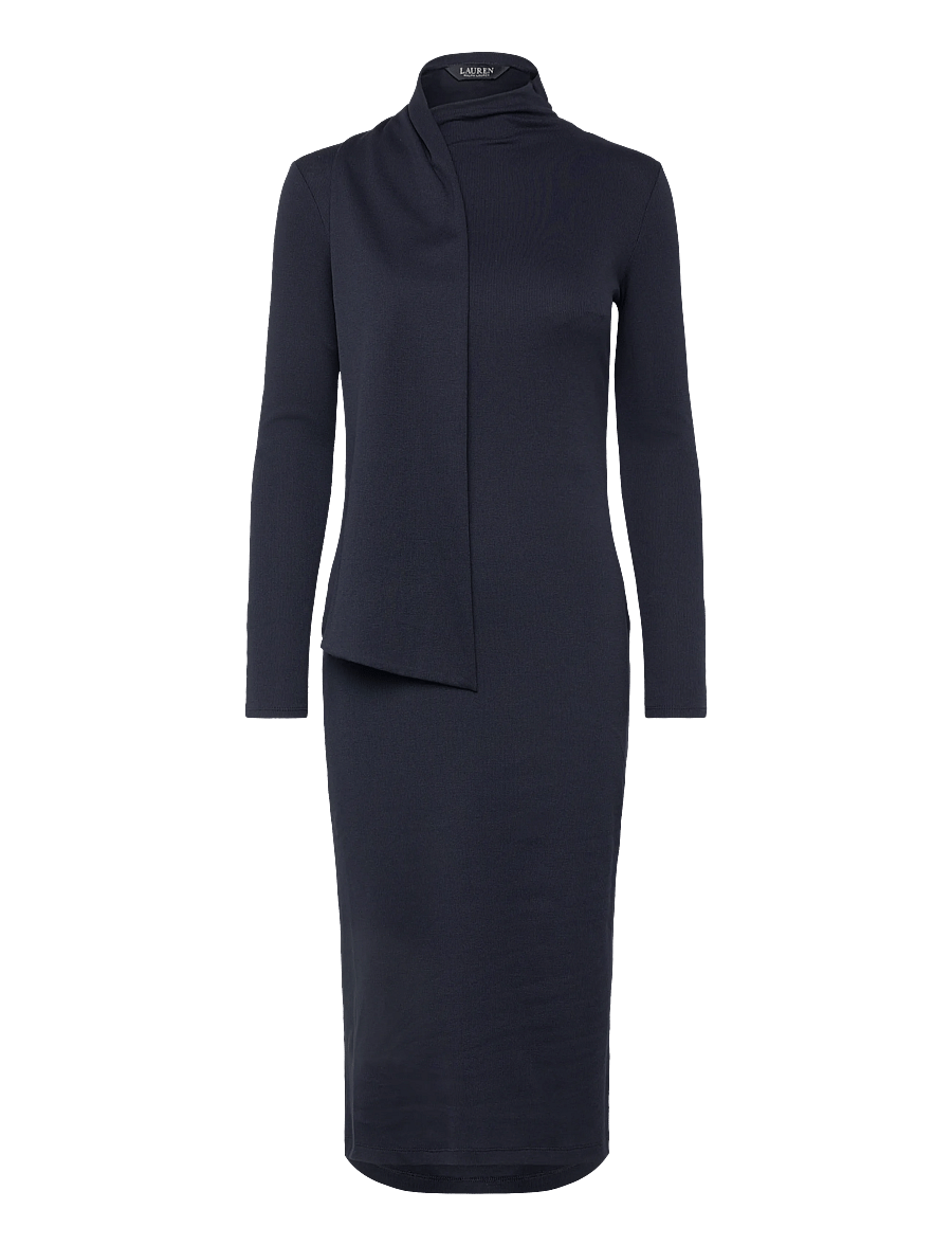 Lauren Ralph Lauren - Scarf-Trim Cotton-Blend Rib-Knit Dress - knitted dresses - lauren navy - 1