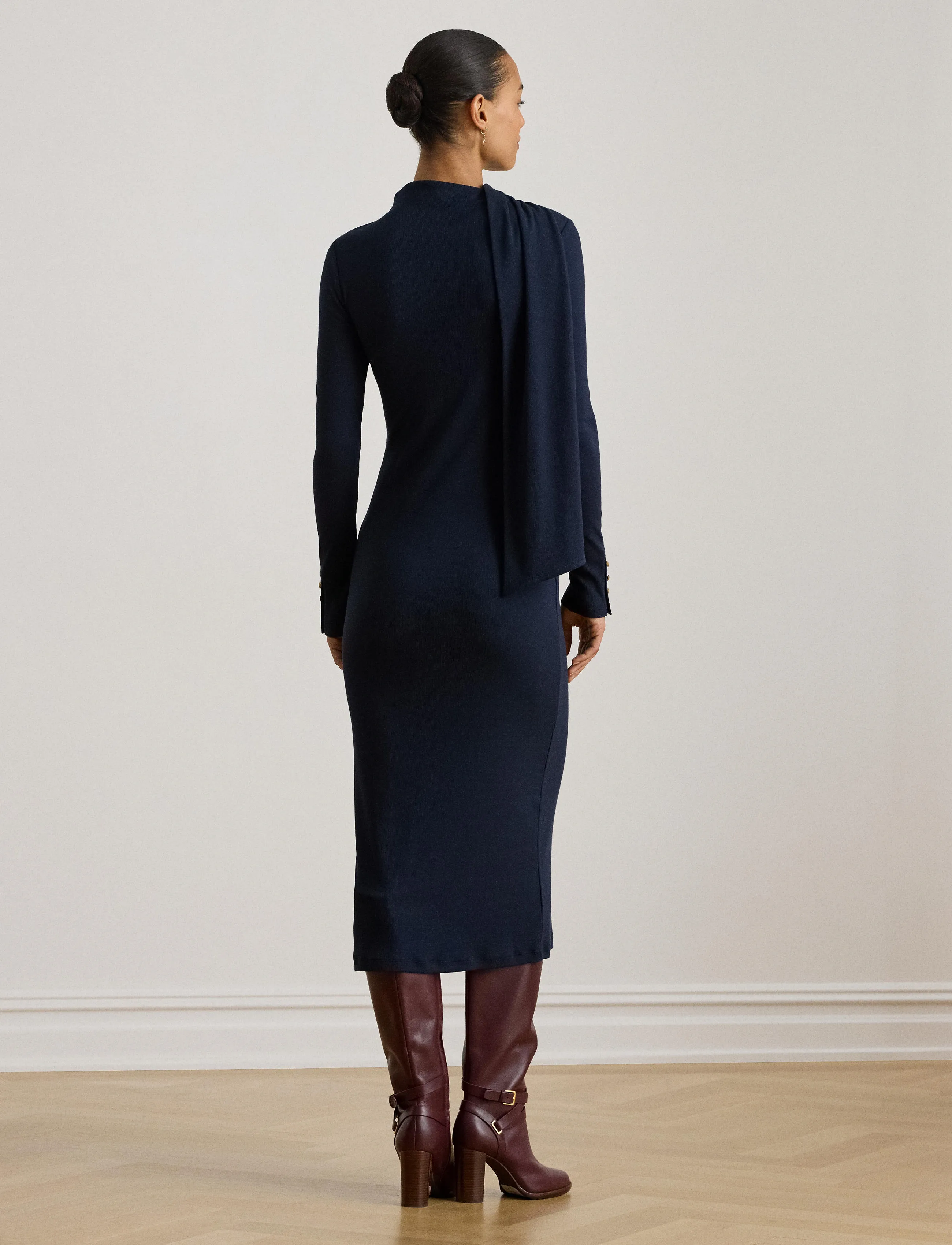 Lauren Ralph Scarf-Trim Cotton-Blend Rib-Knit Dress, L, Dresses, Marineblau - Knee-length & Midi, Frauen