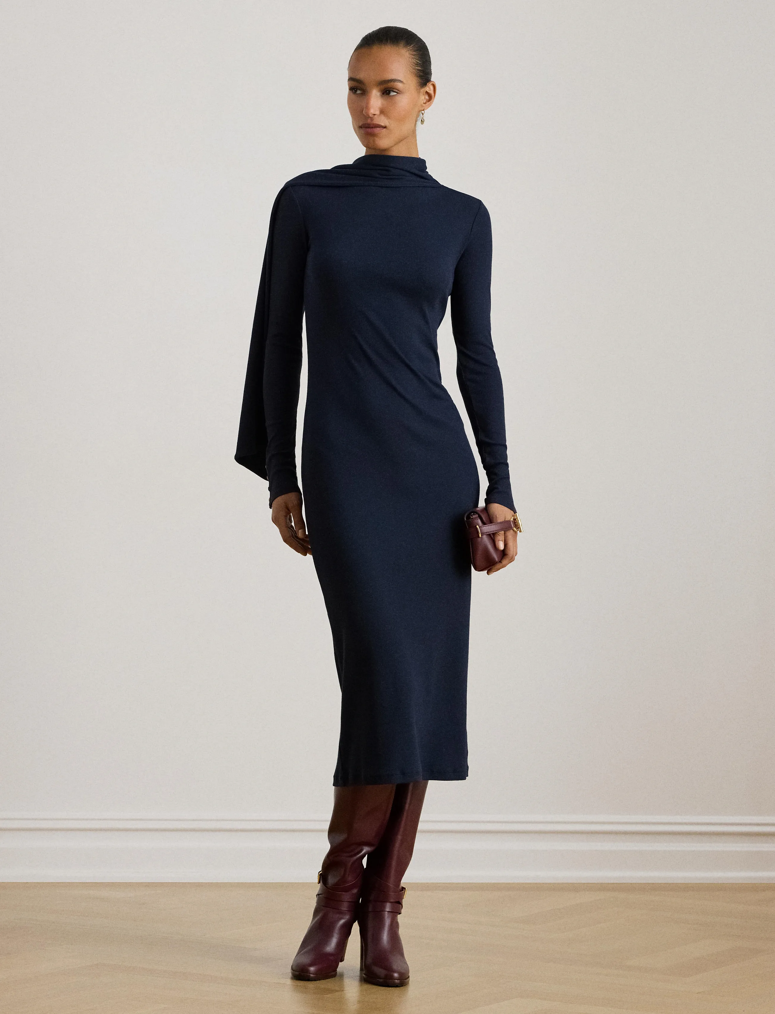Lauren Ralph Lauren Scarf-Trim Cotton-Blend Rib-Knit Dress - Kleidung - LAUREN NAVY / navy