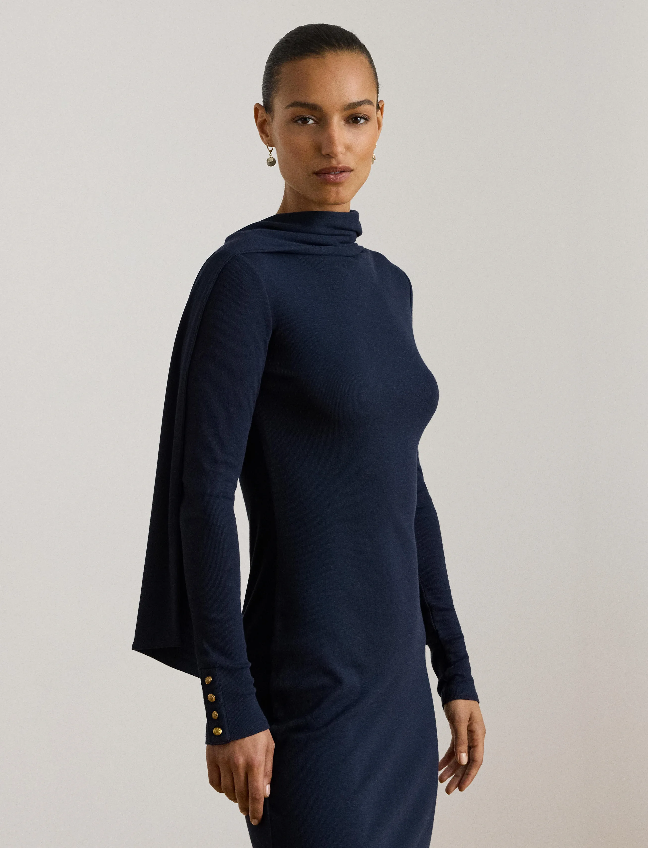 Lauren Ralph Lauren - Scarf-Trim Cotton-Blend Rib-Knit Dress - knitted dresses - lauren navy - 4