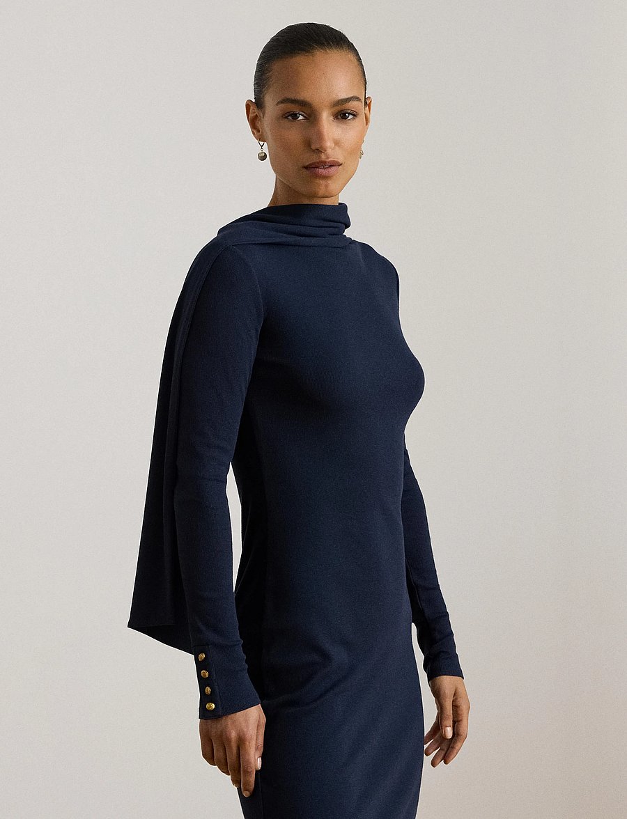 Lauren Ralph Lauren - Scarf-Trim Cotton-Blend Rib-Knit Dress - knitted dresses - lauren navy - 4