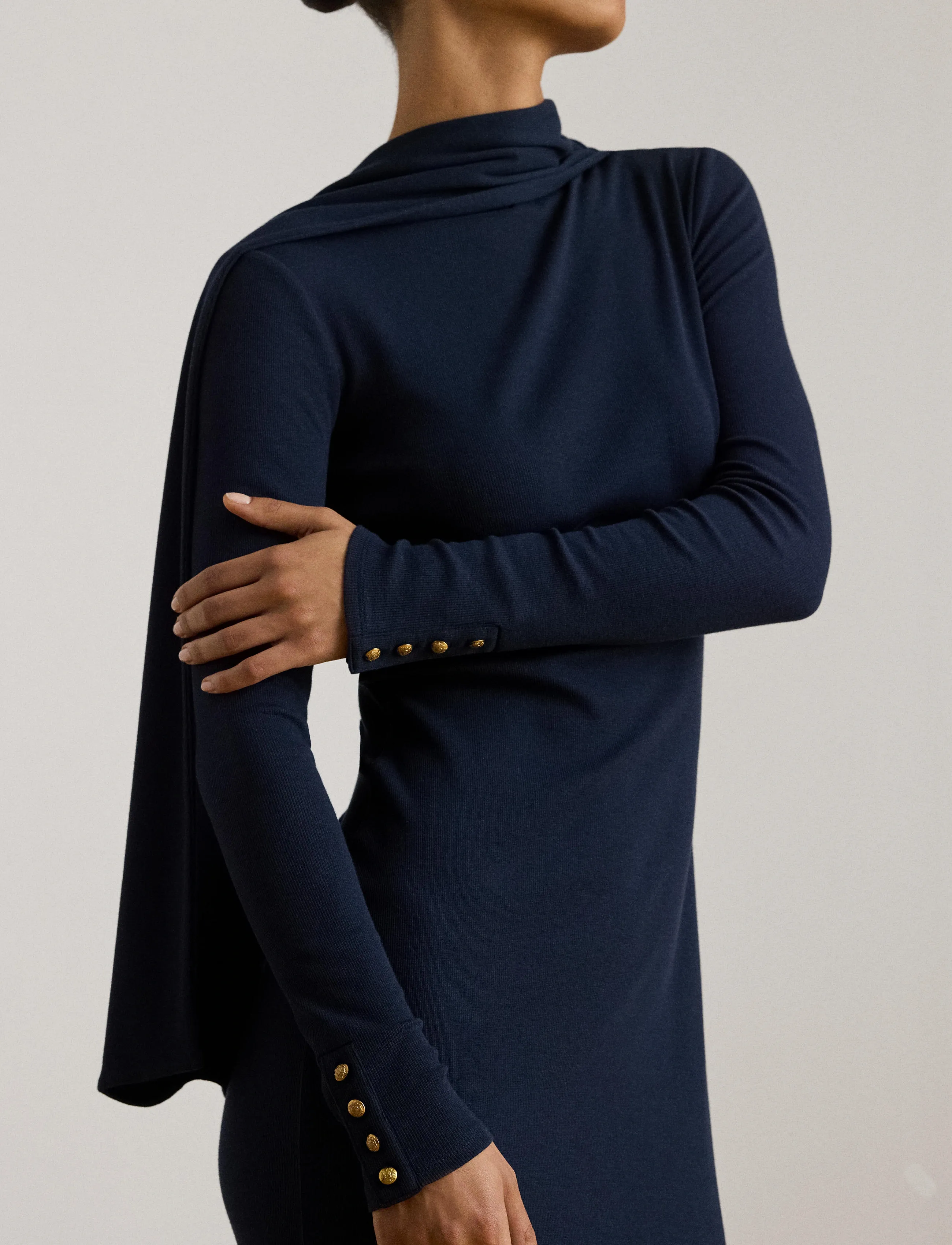 Lauren Ralph Lauren - Scarf-Trim Cotton-Blend Rib-Knit Dress - knitted dresses - lauren navy - 3