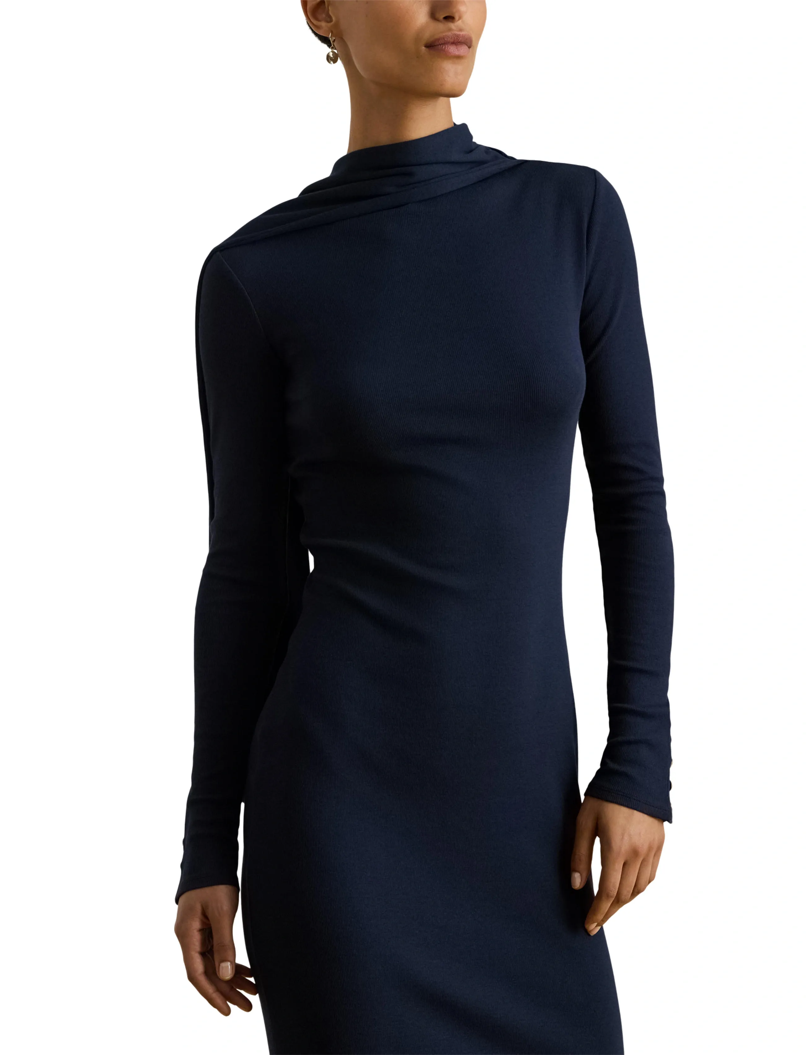 Lauren Ralph Lauren - Scarf-Trim Cotton-Blend Rib-Knit Dress - knitted dresses - lauren navy - 5