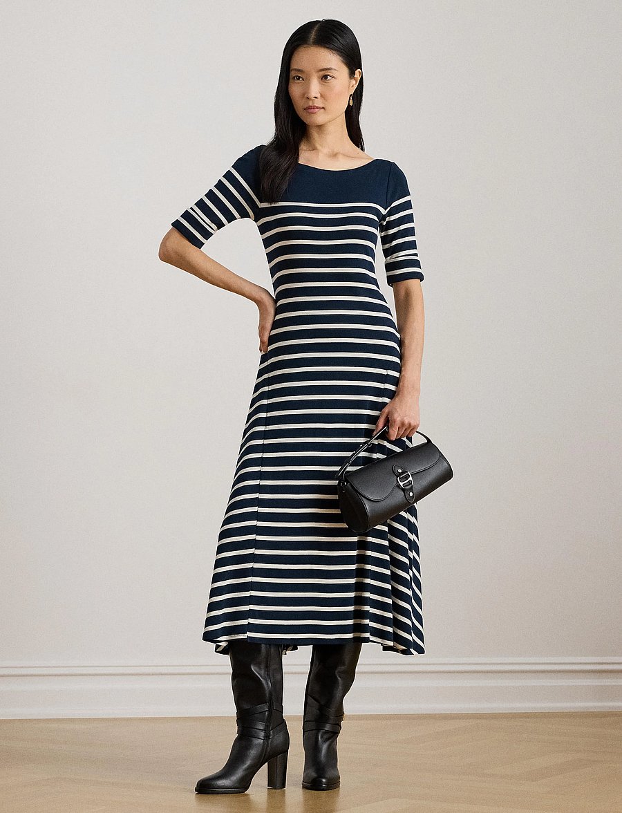 Lauren Ralph Lauren - COTTON BABY 1X1 RIB-KNIT DRESS - midi kjoler - lauren navy/masca - 3
