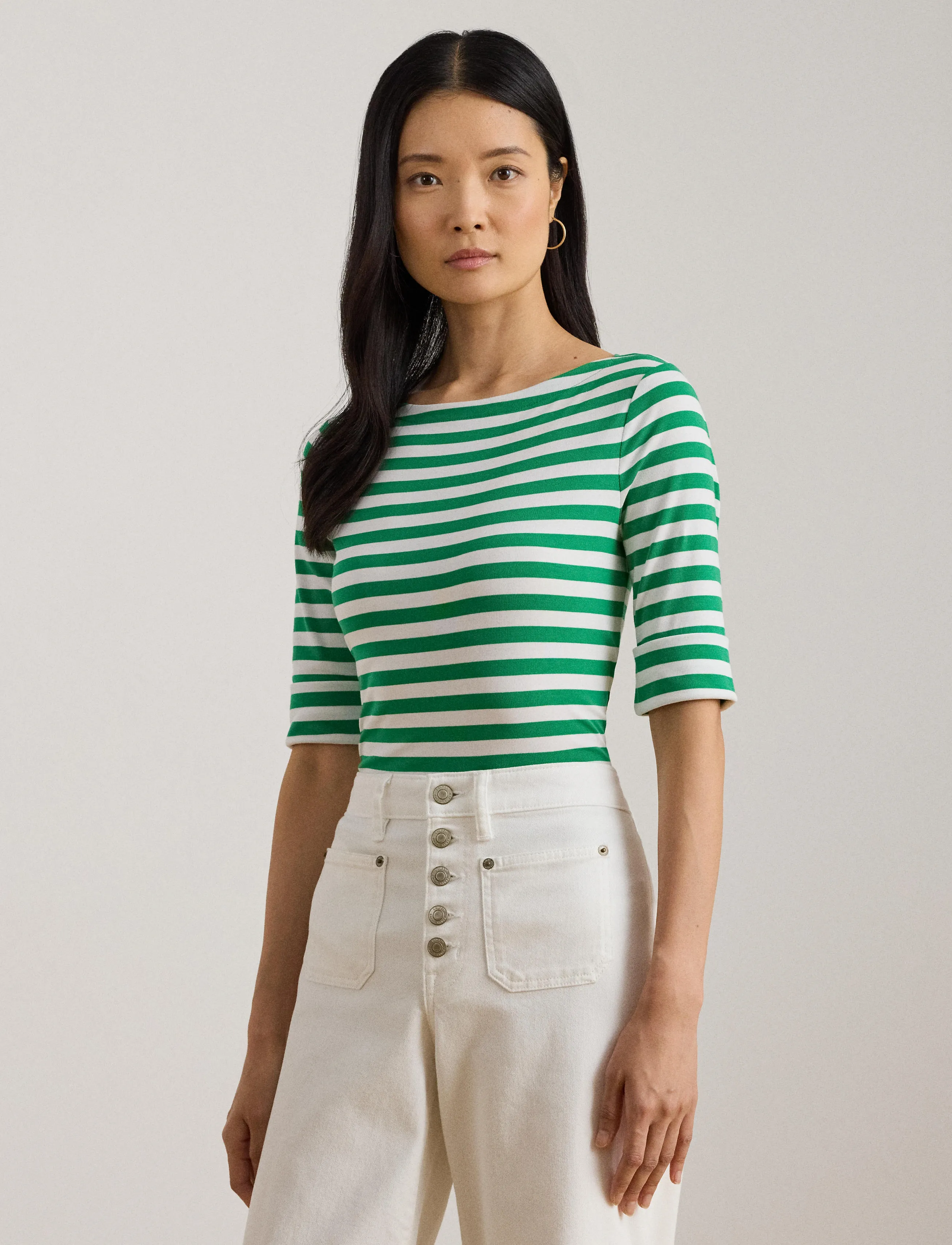 Lauren Ralph Lauren RFND STRTCH 1X1 RIB-KNIT TOP - Ralph Lauren - STEM/WHITE / green
