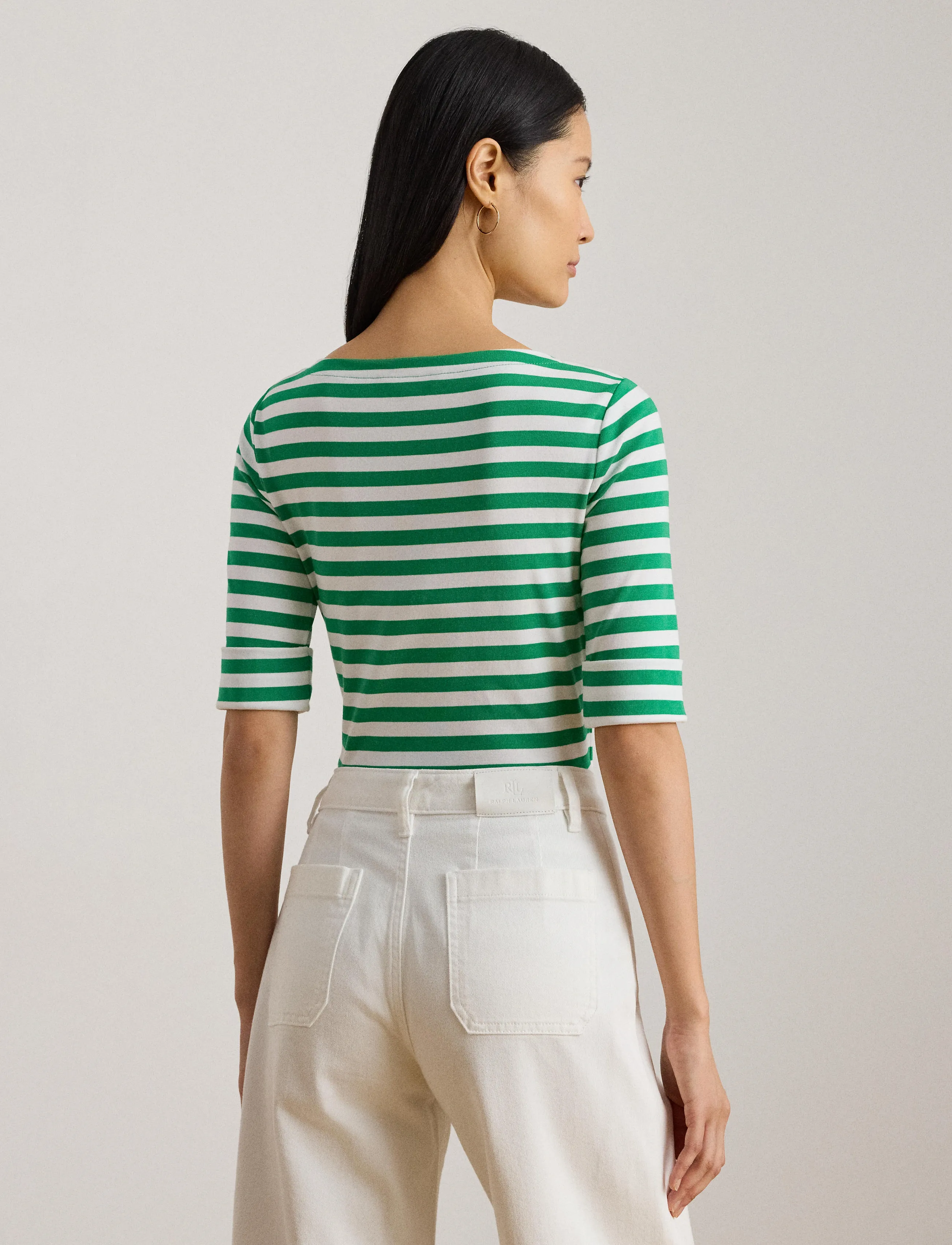 Lauren Ralph Lauren - Striped Stretch Cotton Boatneck Tee - t-shirts - stem/white - 3
