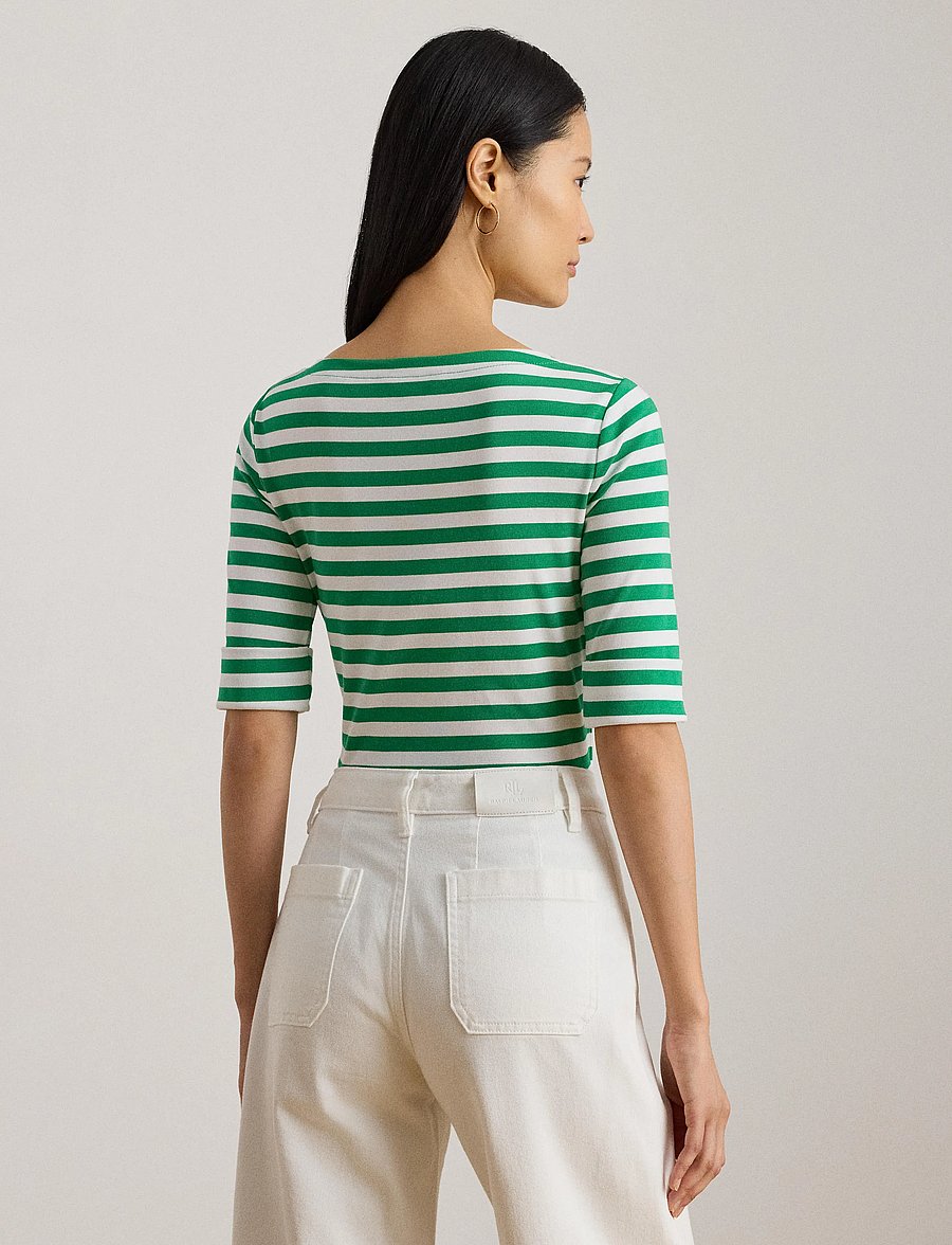 Lauren Ralph Lauren - Striped Stretch Cotton Boatneck Tee - t-shirts - stem/white - 3