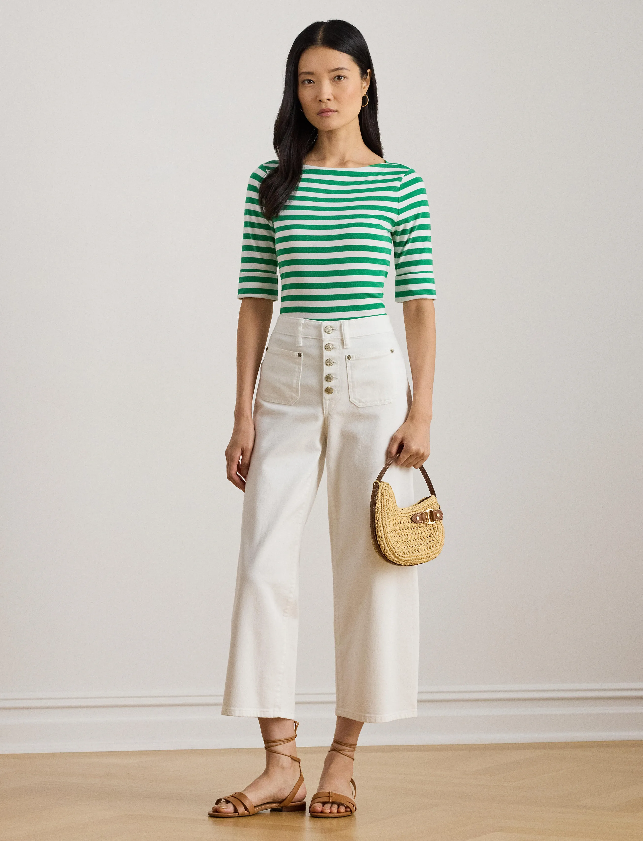 Lauren Ralph Lauren - Striped Stretch Cotton Boatneck Tee - t-shirts - stem/white - 5