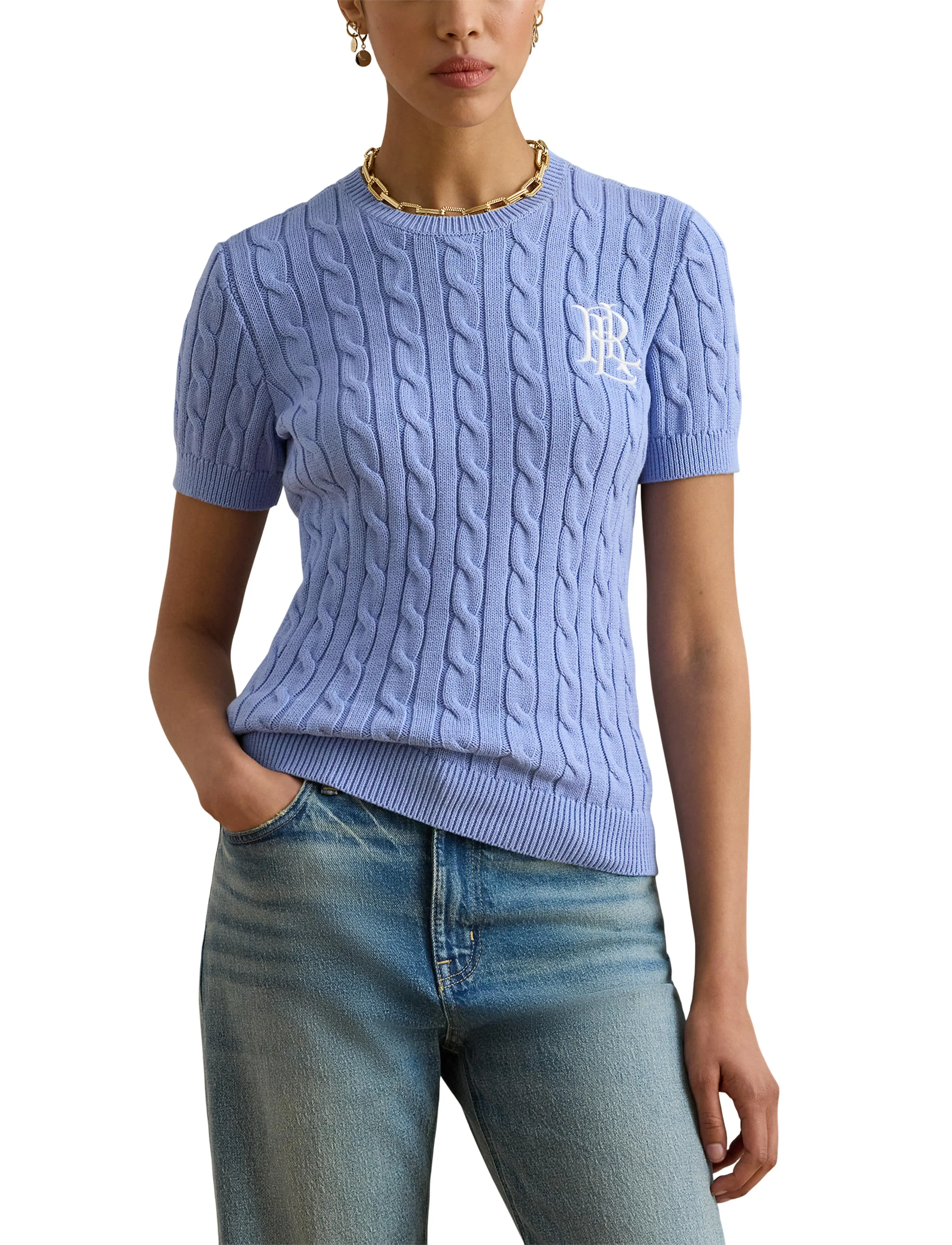 Lauren Ralph Lauren - Cable-Knit Cotton Short-Sleeve Sweater - pullover - banker blue - 5