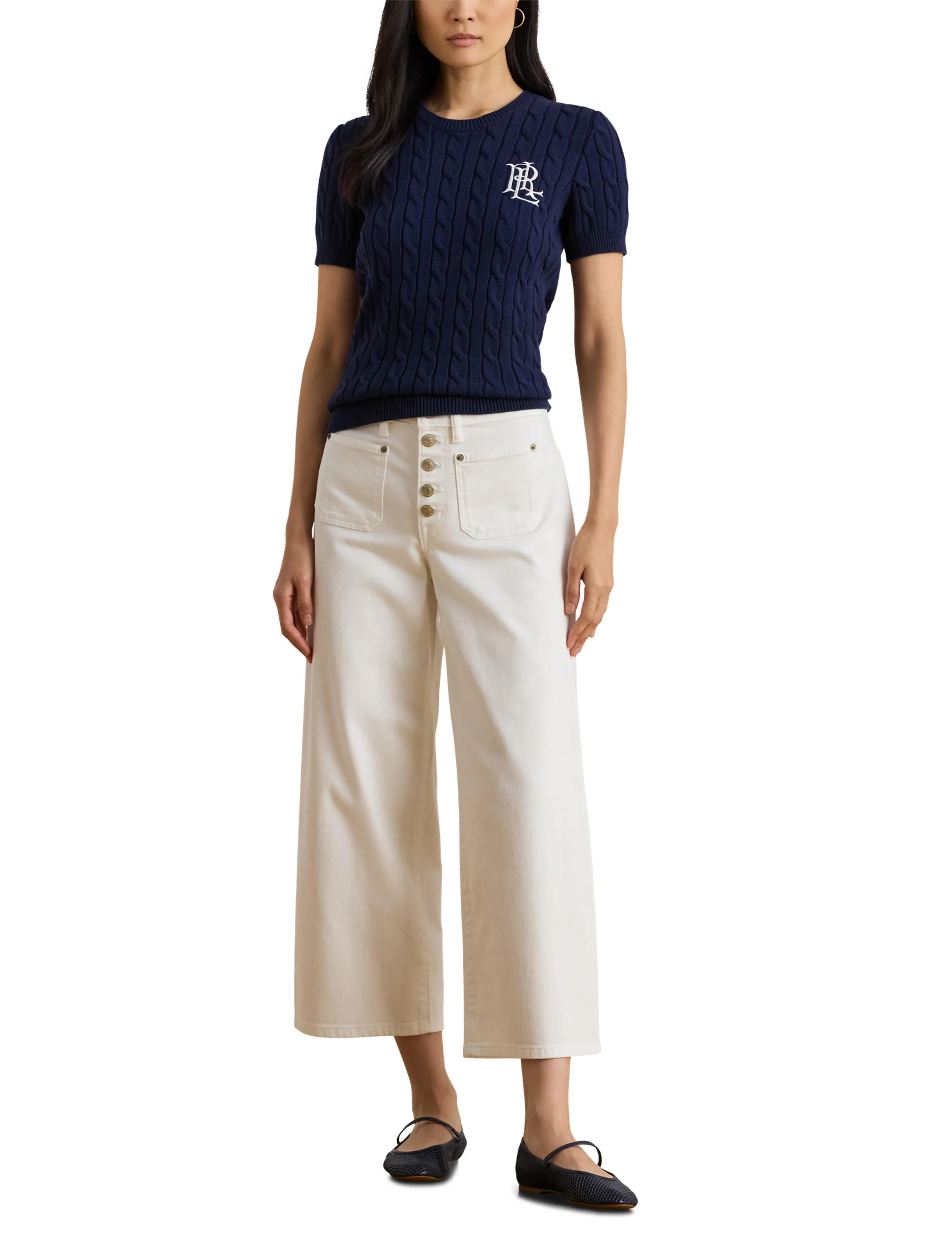 Lauren Ralph Lauren Cable-Knit Cotton Short-Sleeve Sweater - Lauren Ralph Lauren - REFINED NAVY / navy