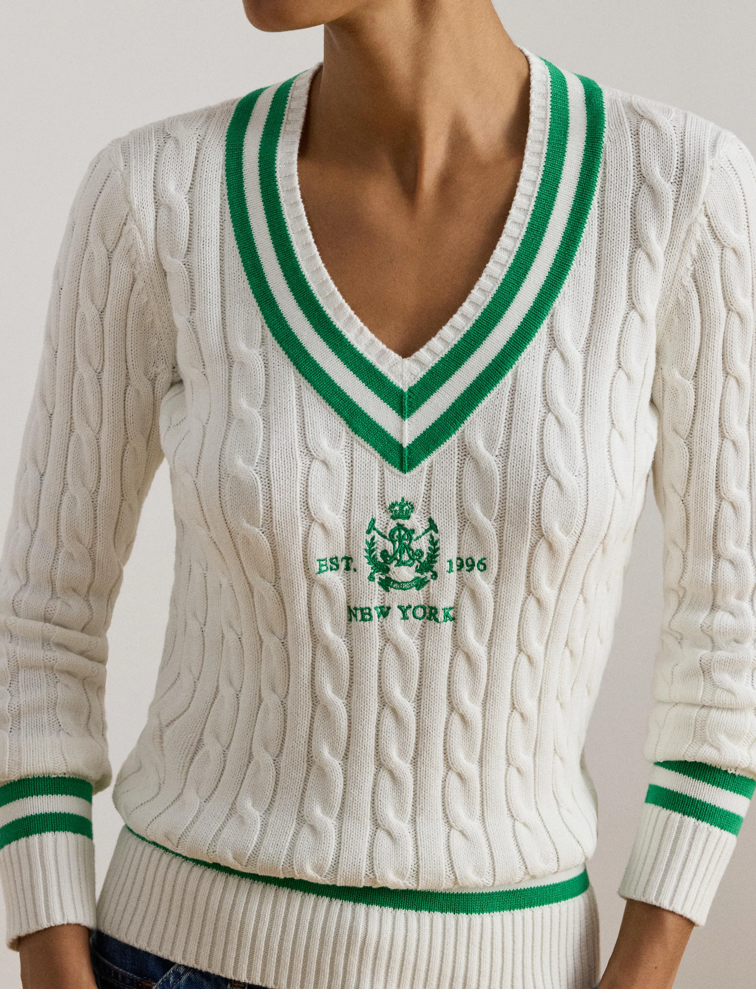 Lauren Ralph Lauren - Cable-Knit Cricket Sweater - swetry - white/stem - 4