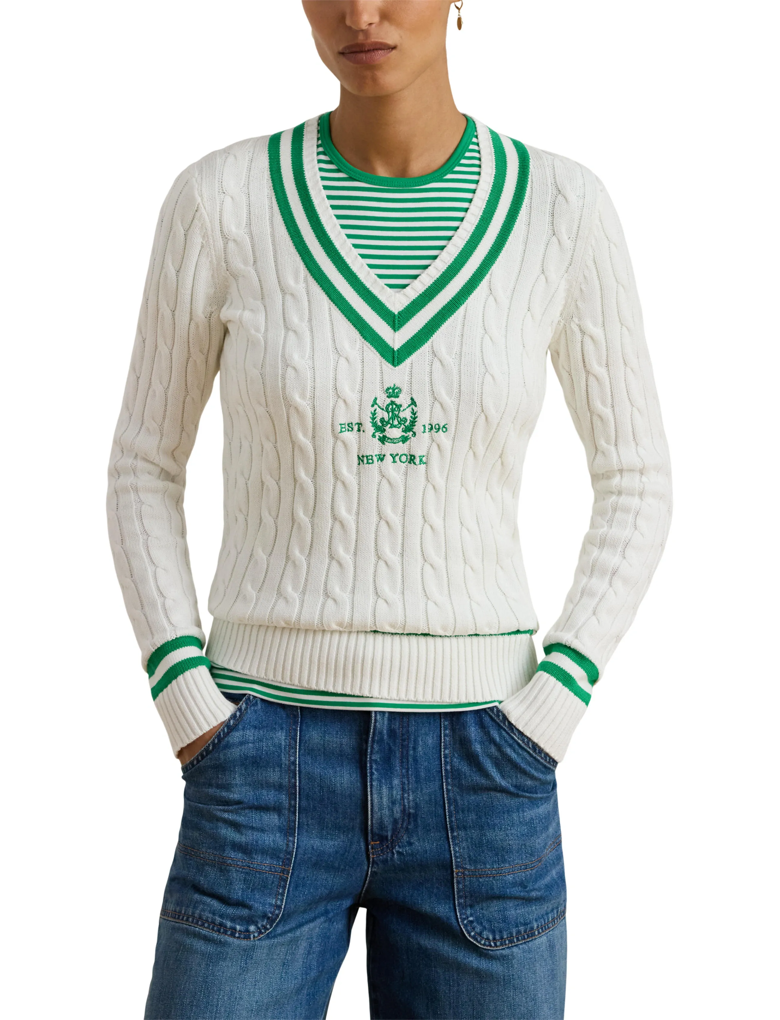 Lauren Ralph Lauren - Cable-Knit Cricket Sweater - swetry - white/stem - 5