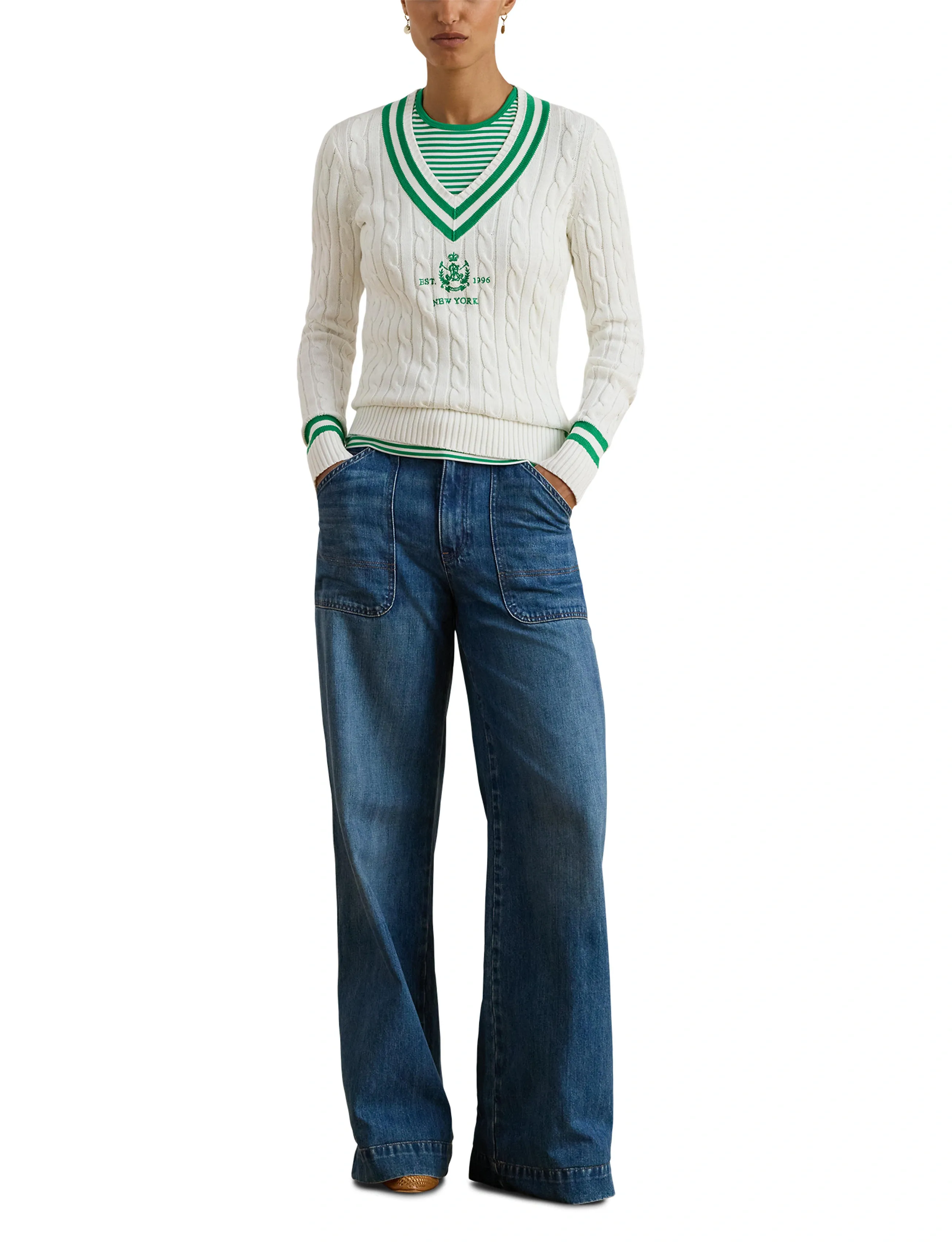 Lauren Ralph Lauren Cable-Knit Cricket Sweater - Lauren Ralph Lauren - WHITE/STEM / white