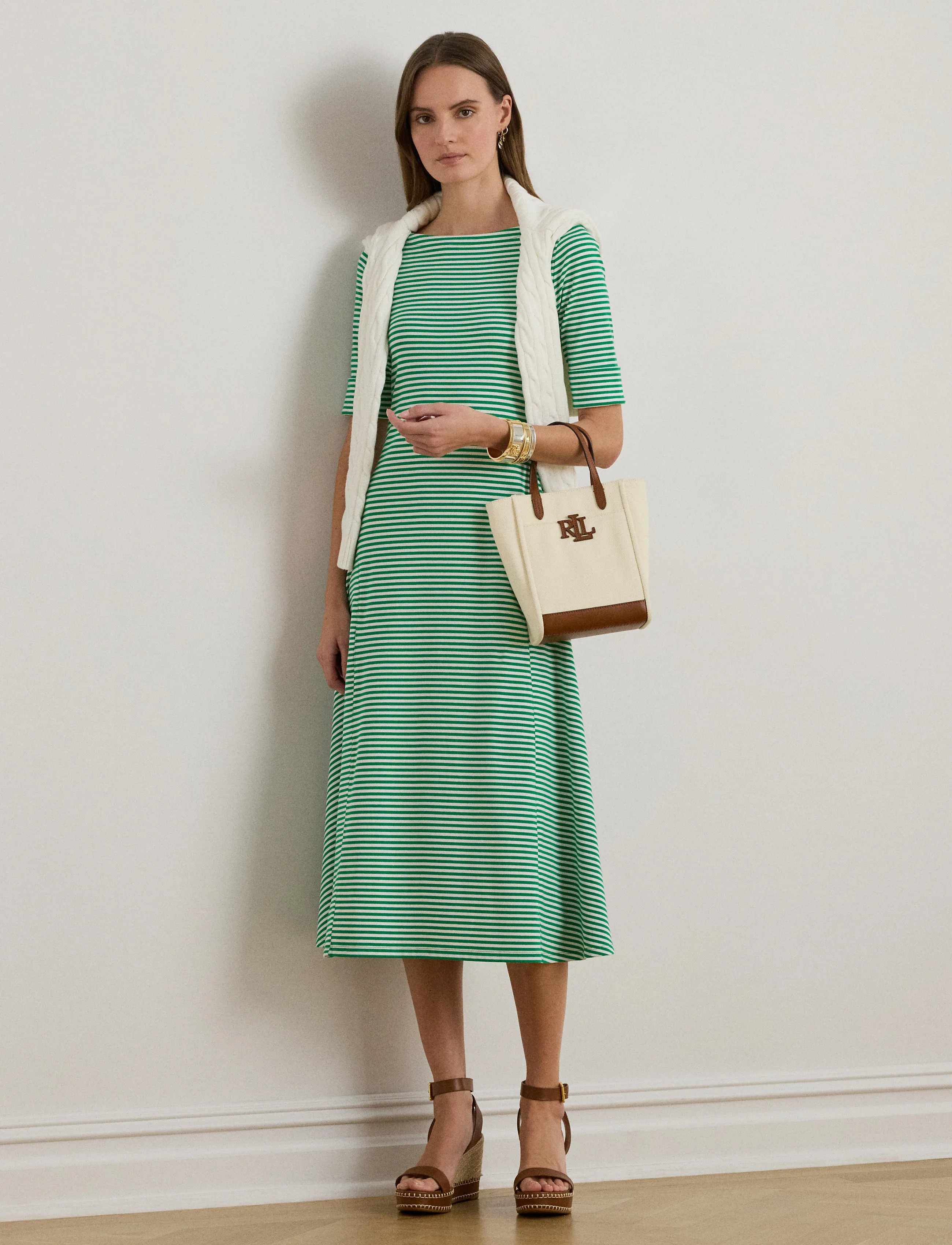 Lauren Ralph Lauren Striped Stretch Cotton Ribbed Midi Dress - Midikleider - STEM/WHITE / green