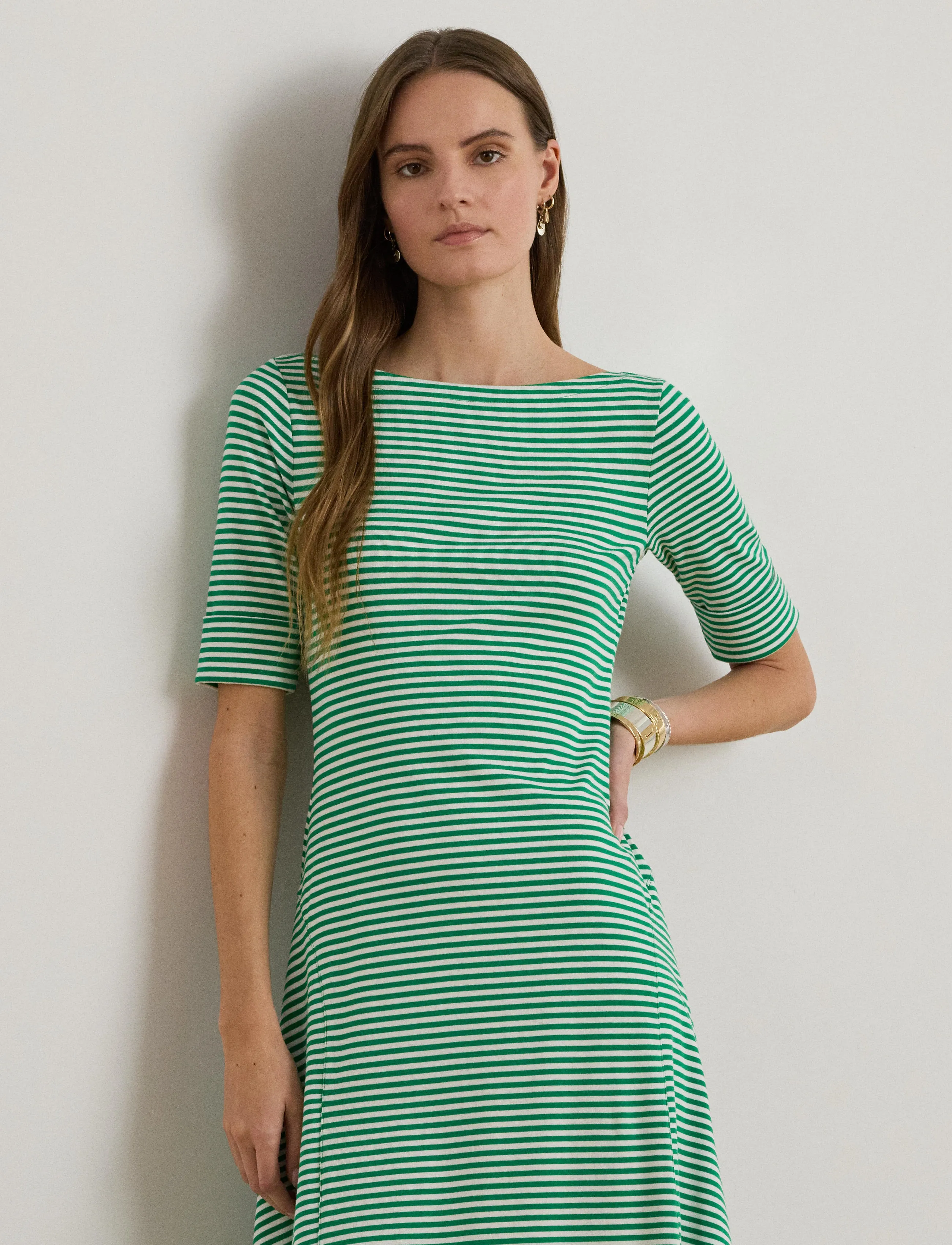 Lauren Ralph Lauren Striped Stretch Cotton Ribbed Midi Dress - T-shirt Dresses - STEM/WHITE / green