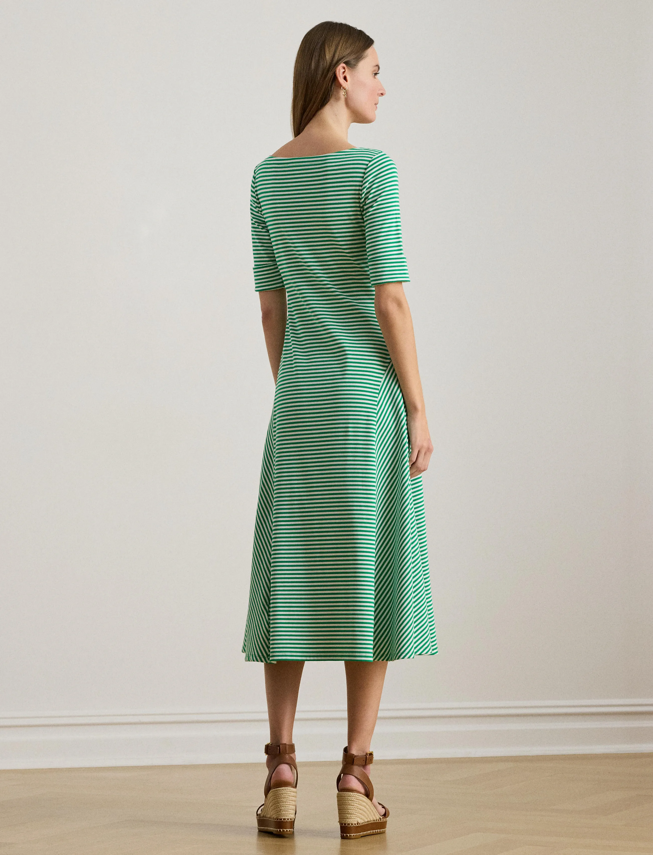 Lauren Ralph Lauren - Striped Stretch Cotton Ribbed Midi Dress - robes t-shirt - stem/white - 3