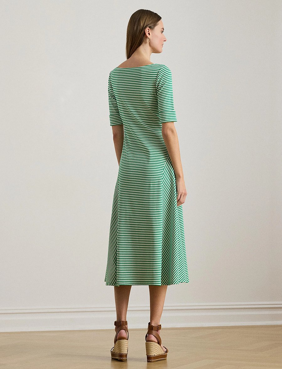 Lauren Ralph Lauren - Striped Stretch Cotton Ribbed Midi Dress - robes t-shirt - stem/white - 3