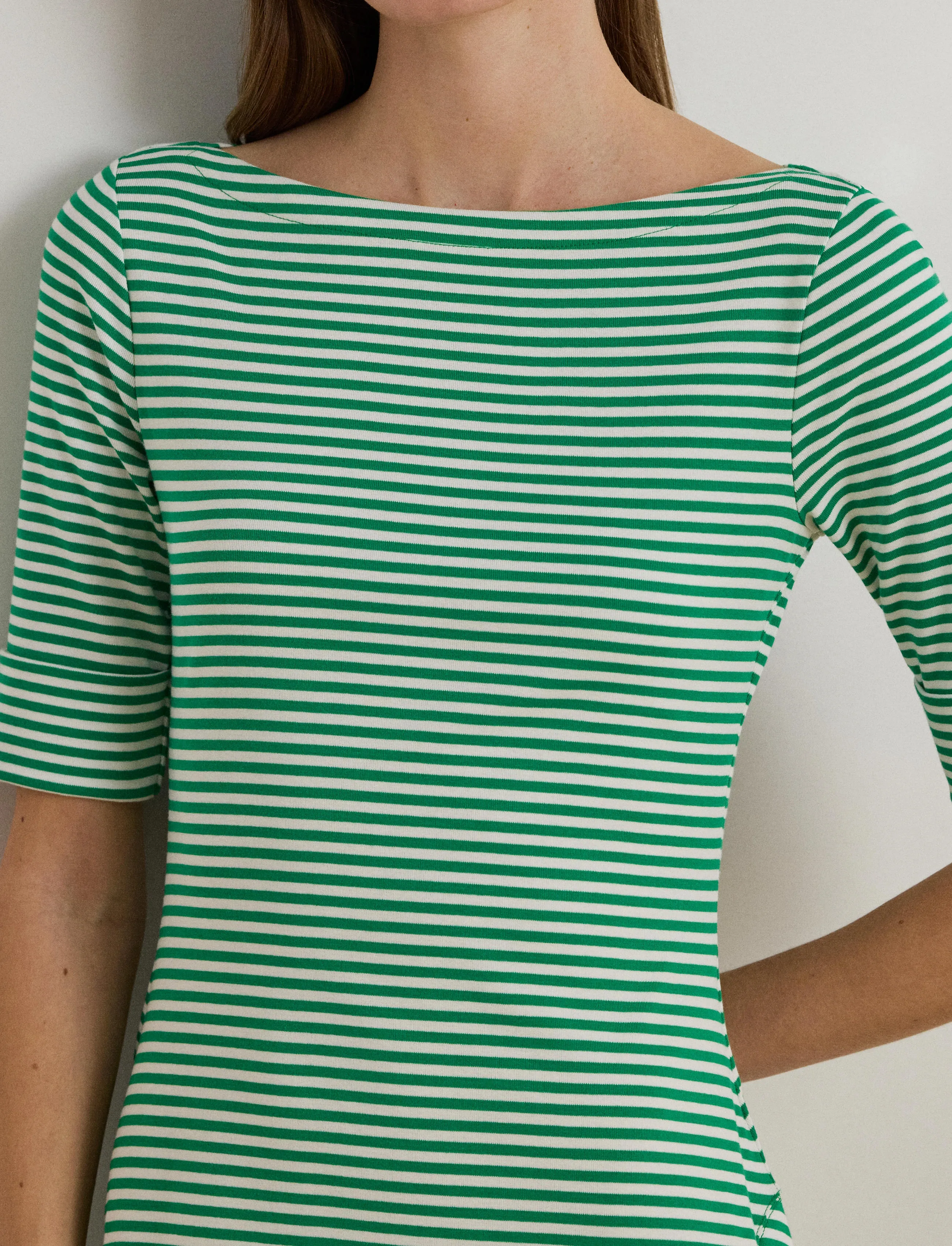 Lauren Ralph Lauren - Striped Stretch Cotton Ribbed Midi Dress - robes t-shirt - stem/white - 4