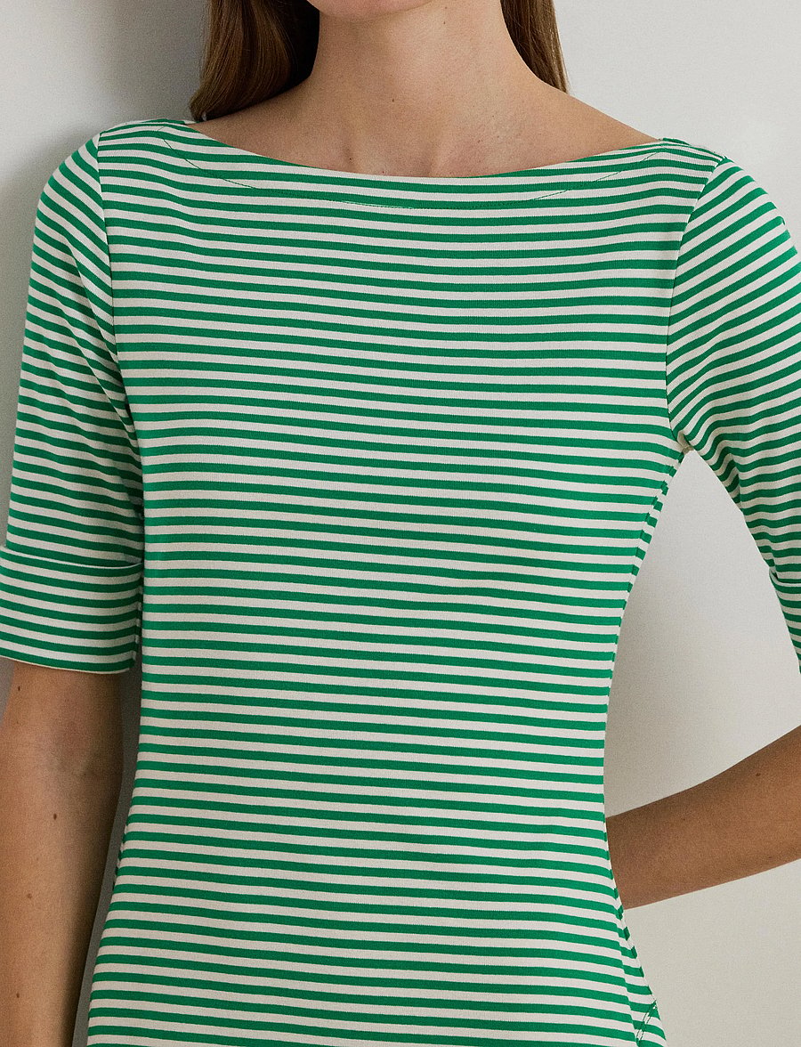 Lauren Ralph Lauren - Striped Stretch Cotton Ribbed Midi Dress - robes t-shirt - stem/white - 4