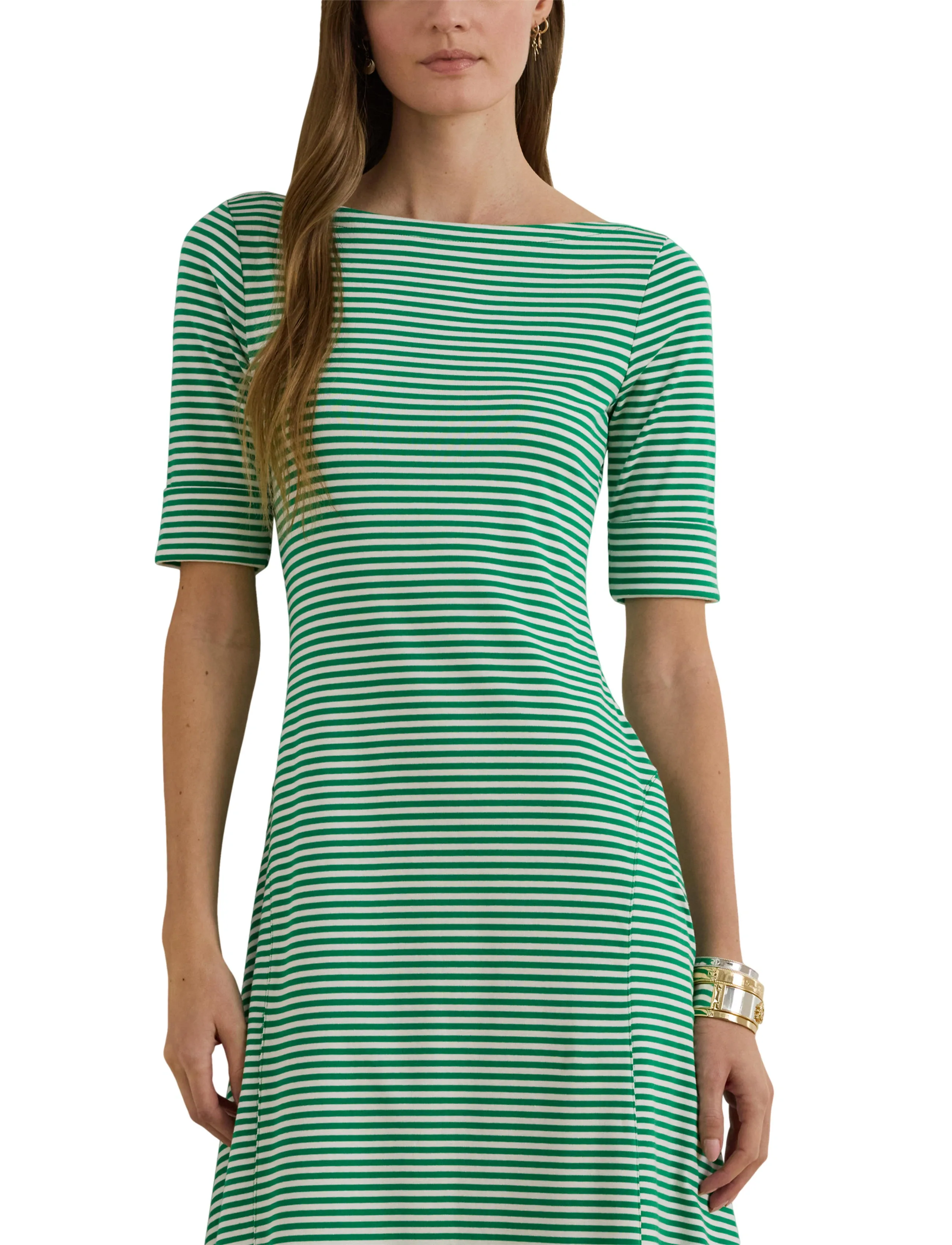 Lauren Ralph Lauren - Striped Stretch Cotton Ribbed Midi Dress - robes t-shirt - stem/white - 5