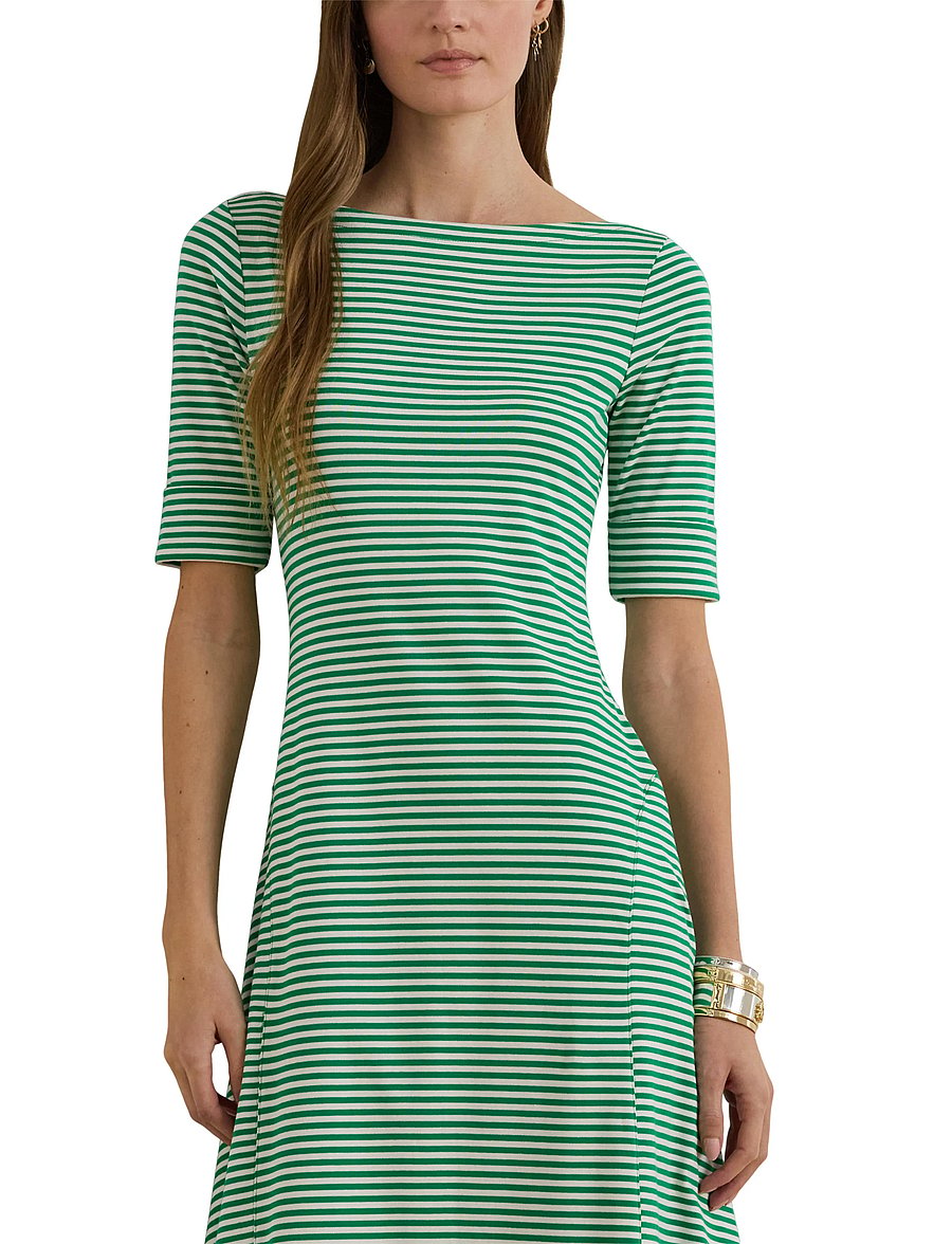 Lauren Ralph Lauren - Striped Stretch Cotton Ribbed Midi Dress - robes t-shirt - stem/white - 5
