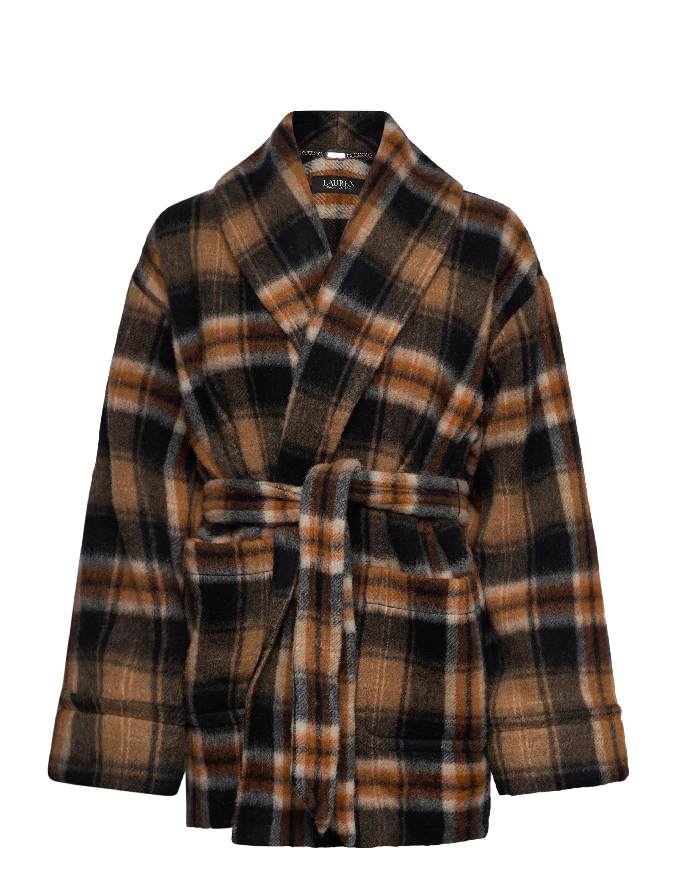 Lauren Ralph Lauren Plaid Wool-Blend Shawl-Collar Wrap Coat, L, Multi/patterned, Frakker > Uldfrakker, Dame
