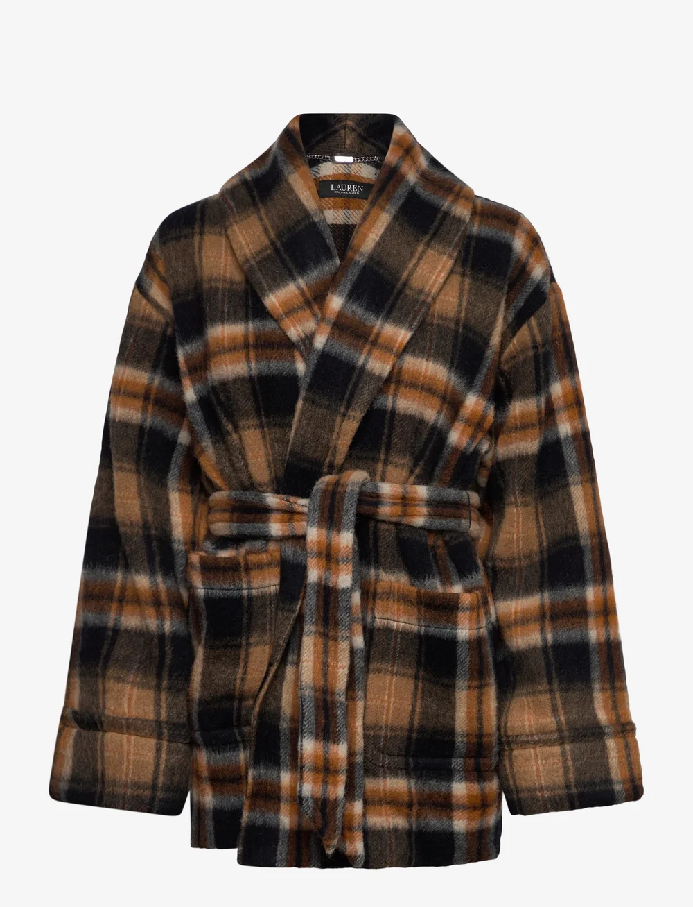 Lauren Ralph Lauren - Plaid Wool-Blend Shawl-Collar Wrap Coat - uldfrakker - navy/cinnamon mul - 0