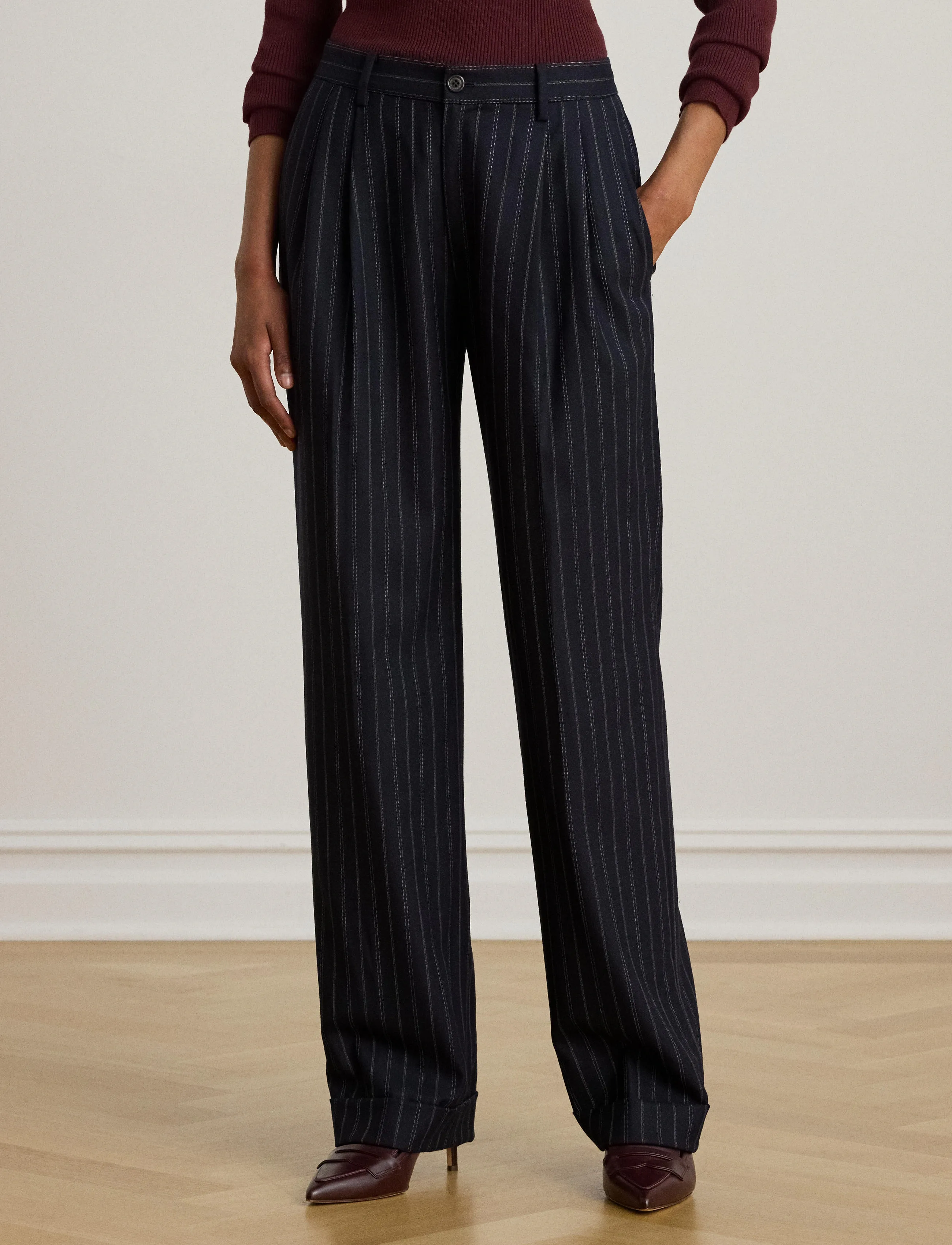 Lauren Ralph Striped Pleated Wool-Blend Twill Pant, 32, Trousers, Marineblau - Suitpants, Frauen