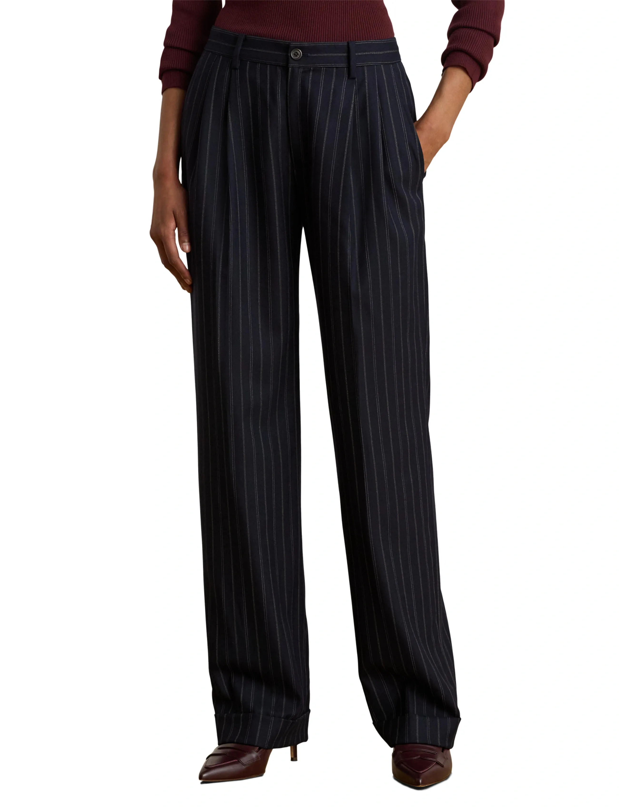 Lauren Ralph Lauren Striped Pleated Wool-Blend Twill Pant - Nieuwe Mode - NAVY/CREAM / navy
