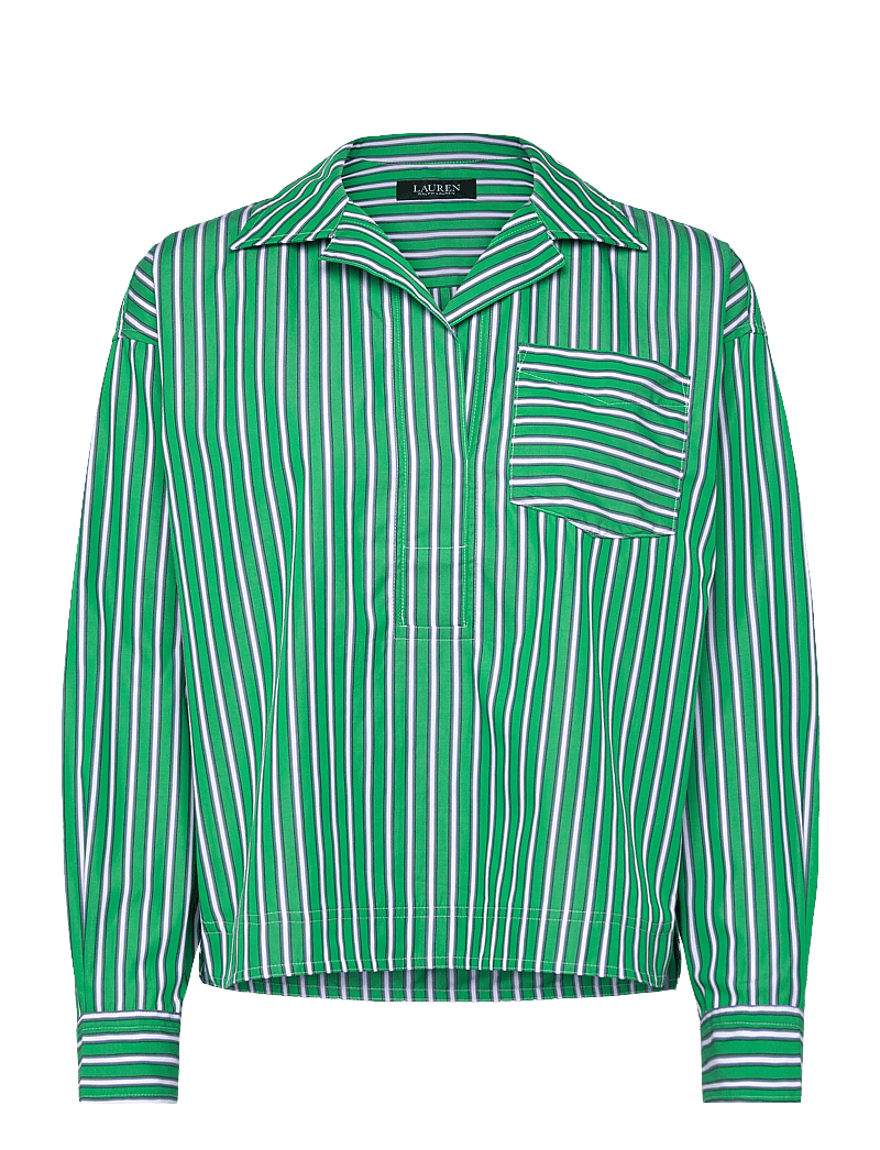 Lauren Ralph Lauren - Striped Cotton Broadcloth Cropped Shirt - langærmede skjorter - green/white multi - 0