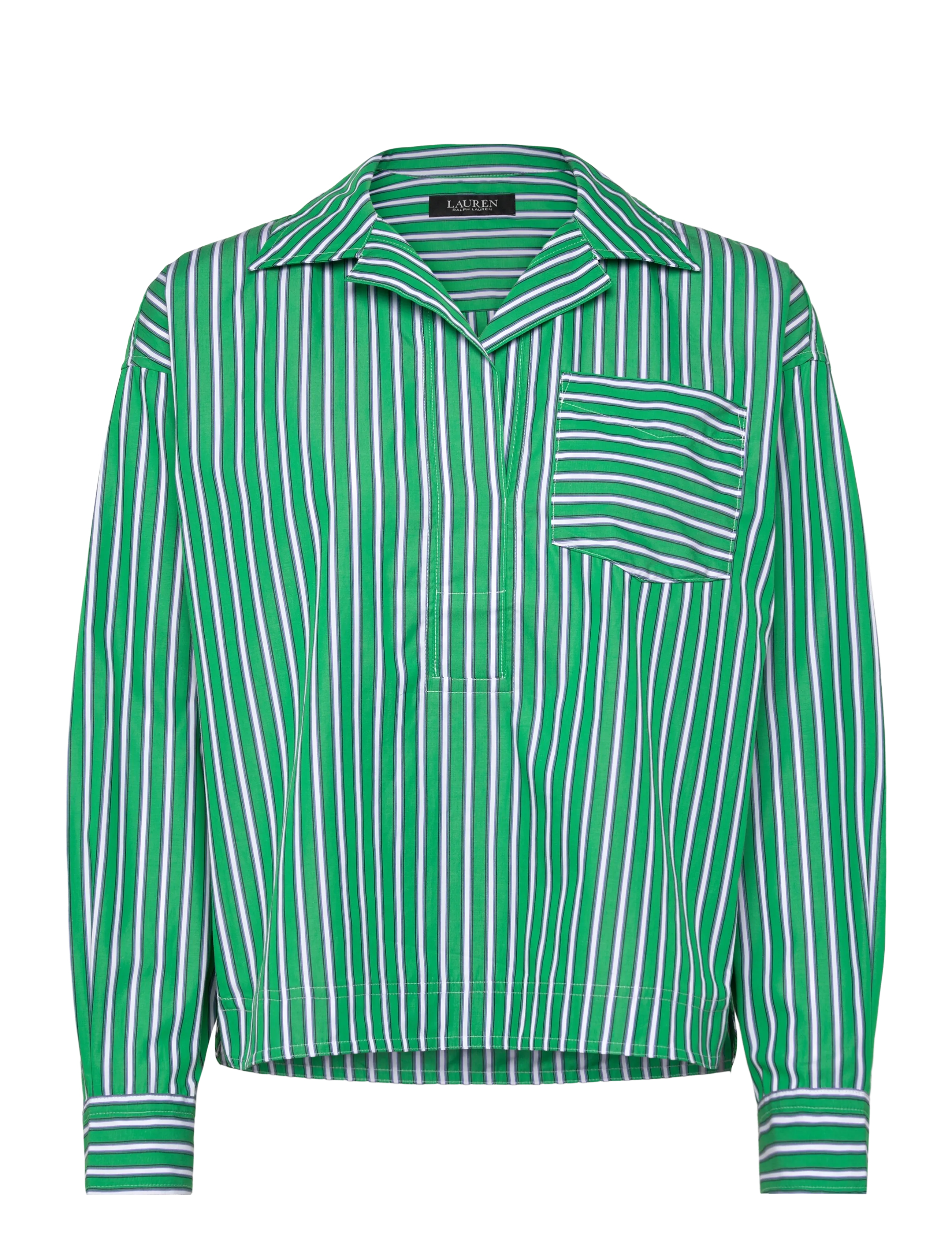 Lauren Ralph Lauren Striped Cotton Broadcloth Cropped Shirt - Tøj - GREEN/WHITE MULTI / green