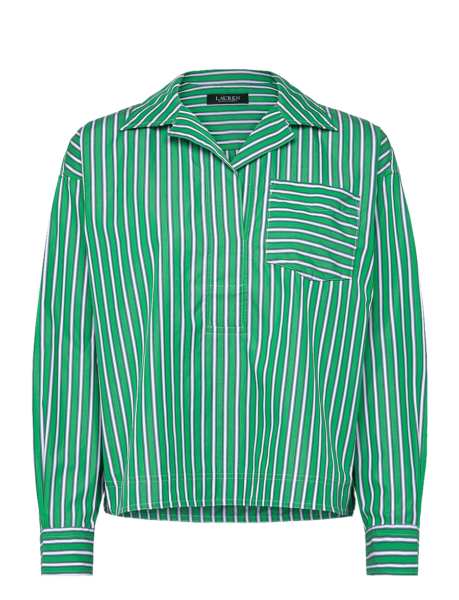 Lauren Ralph Lauren - Striped Cotton Broadcloth Cropped Shirt - langärmlige hemden - green/white multi - 1
