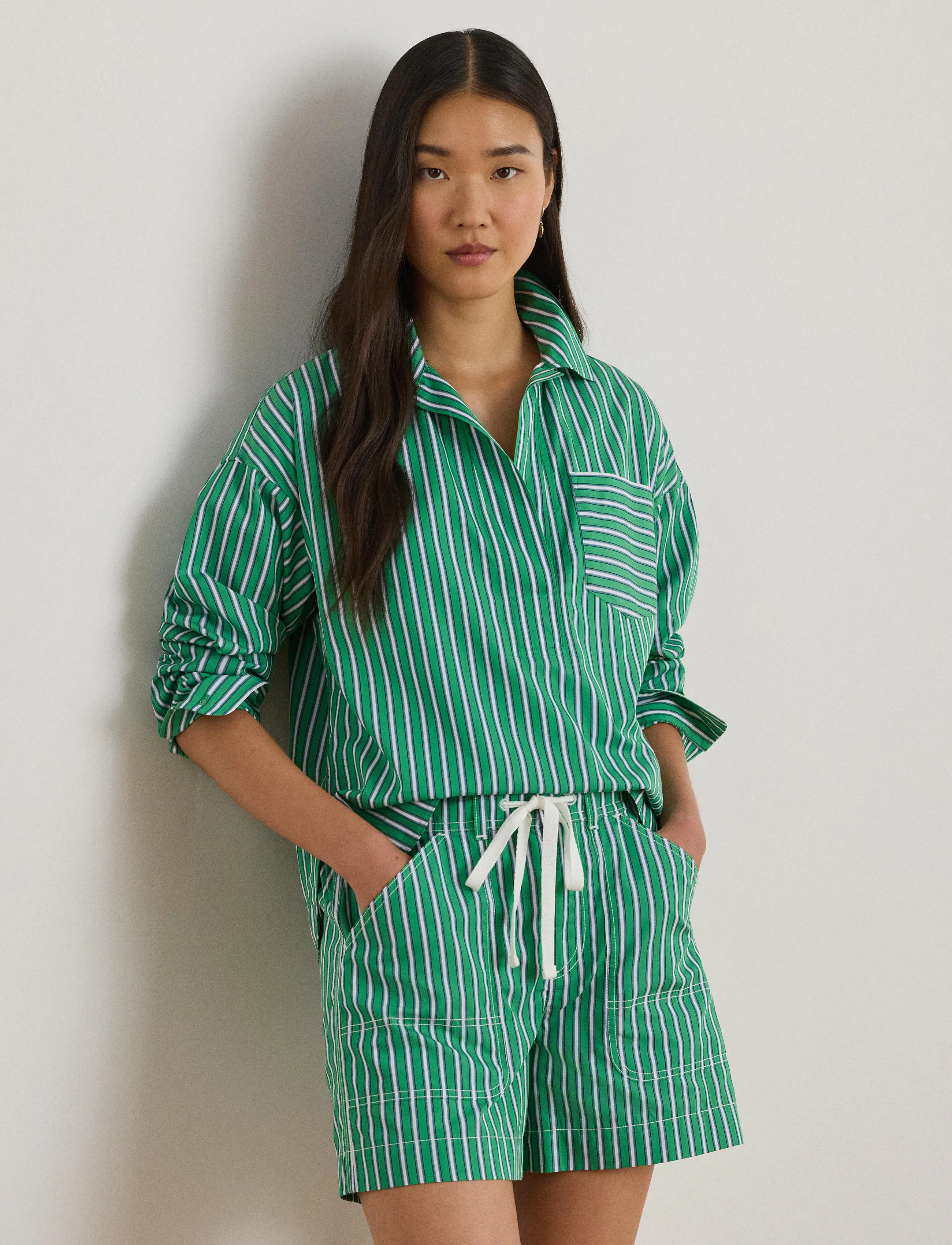 Lauren Ralph Lauren Striped Cotton Broadcloth Cropped Shirt - Bluser & Skjorter - GREEN/WHITE MULTI / green