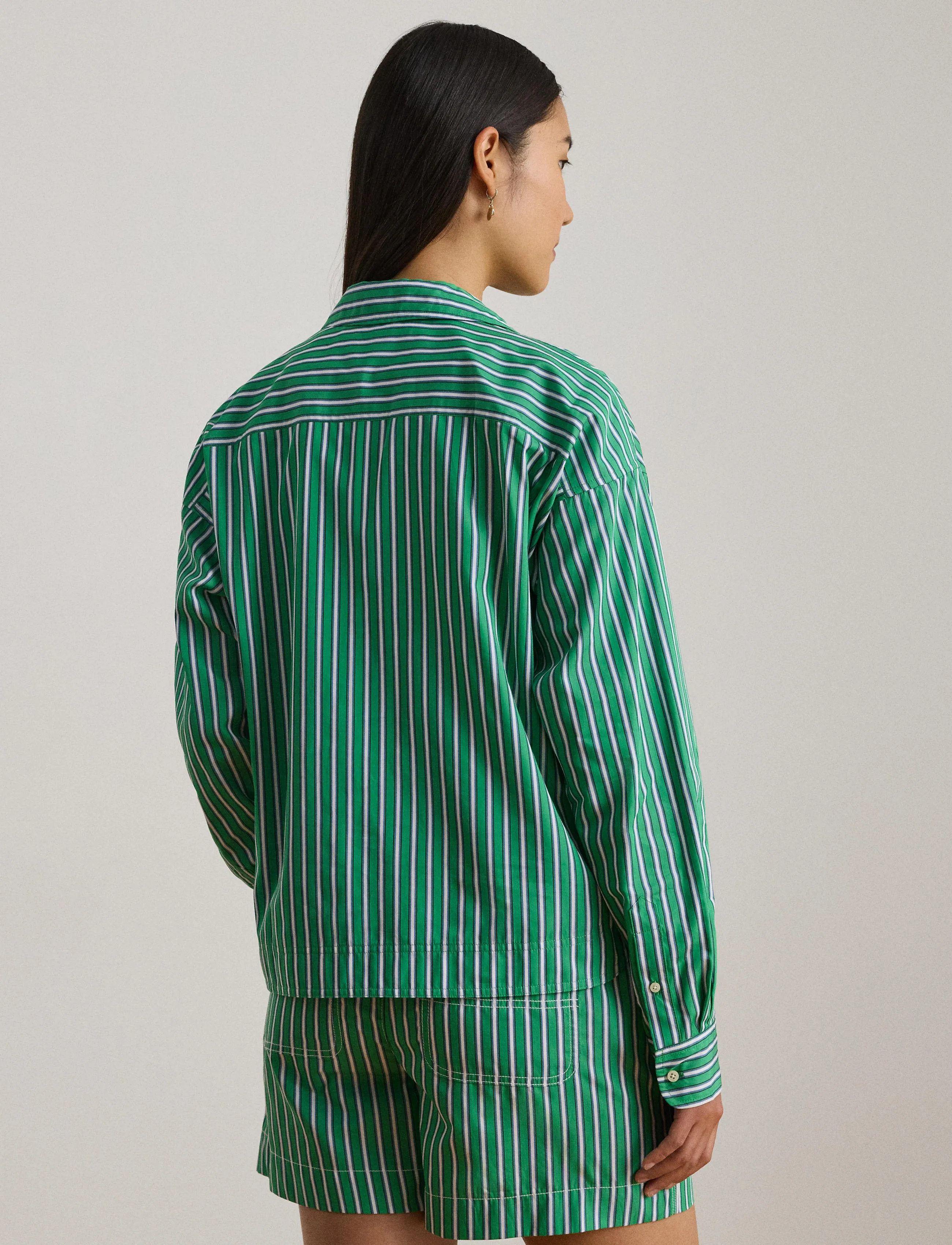 Lauren Ralph Lauren - Striped Cotton Broadcloth Cropped Shirt - langärmlige hemden - green/white multi - 5