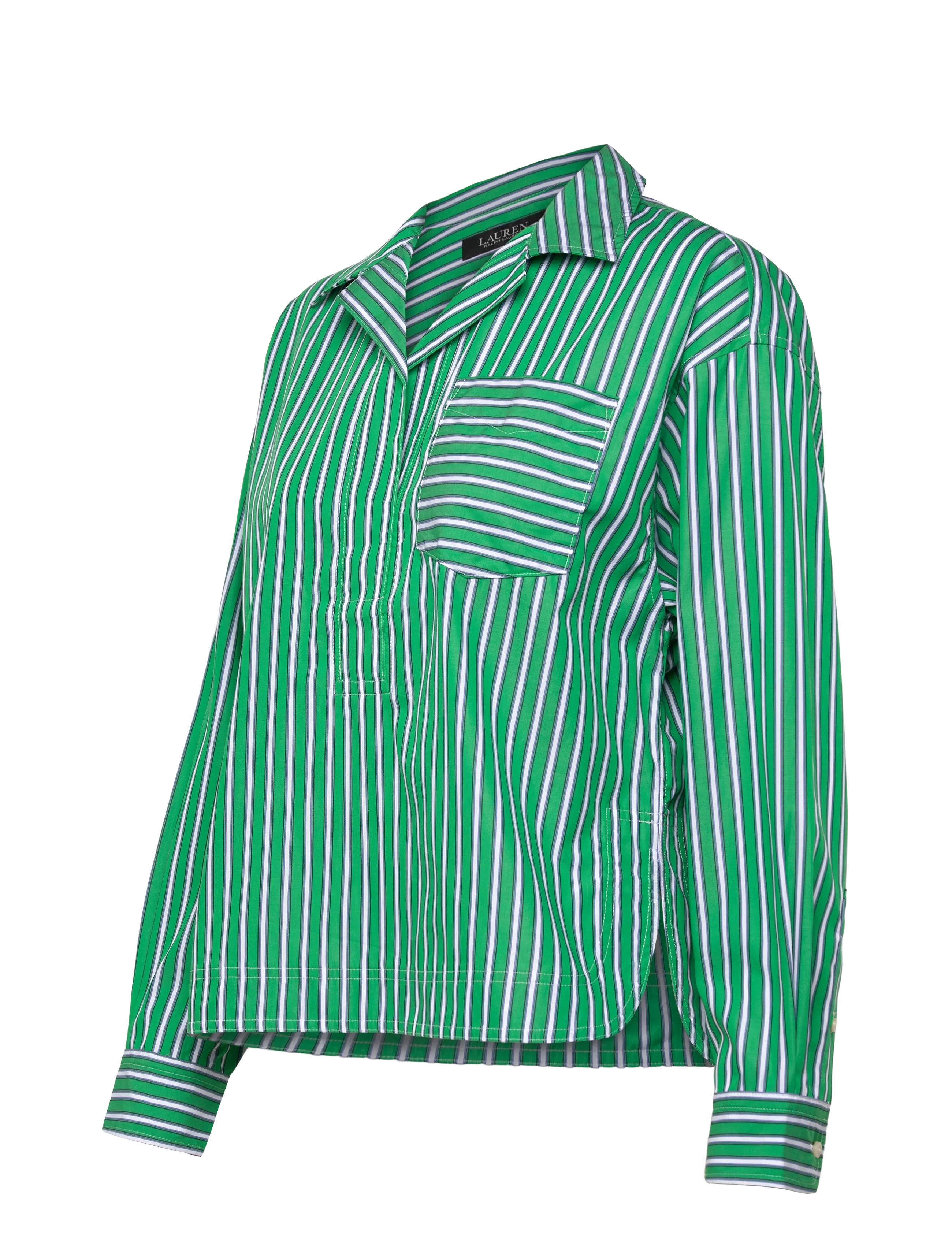 Lauren Ralph Lauren - Striped Cotton Broadcloth Cropped Shirt - langärmlige hemden - green/white multi - 3