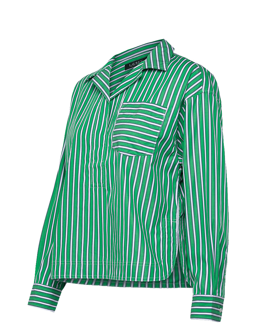 Lauren Ralph Lauren - Striped Cotton Broadcloth Cropped Shirt - langärmlige hemden - green/white multi - 3