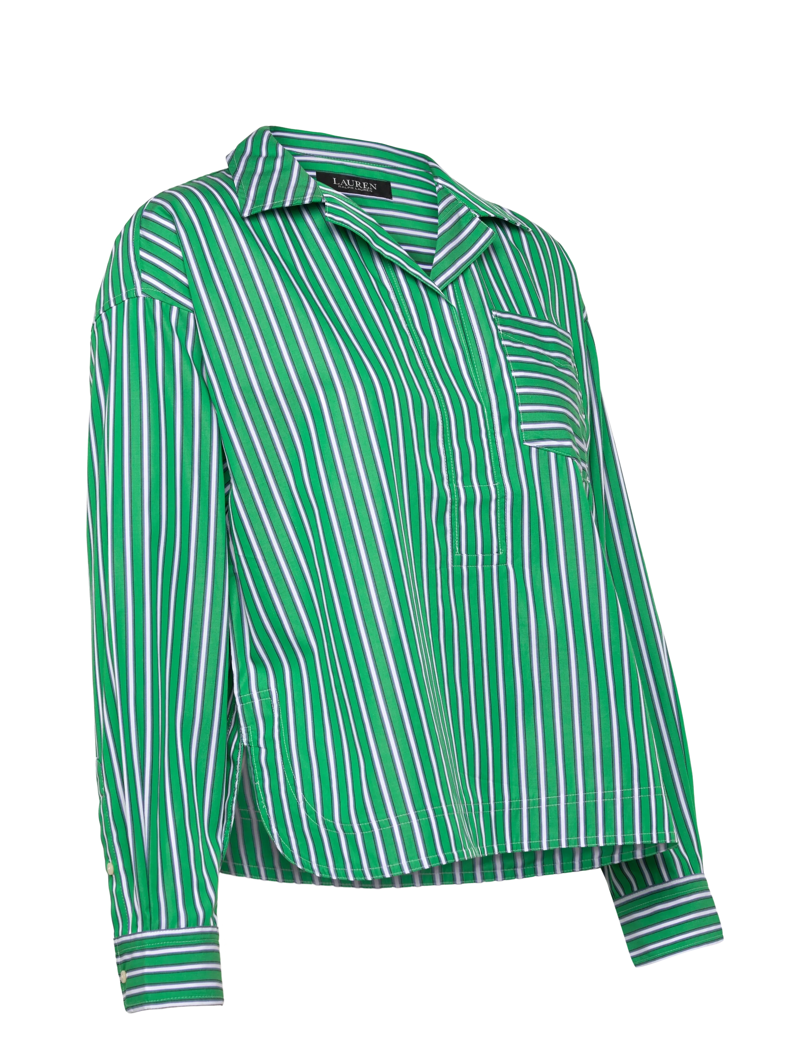 Lauren Ralph Lauren - Striped Cotton Broadcloth Cropped Shirt - langärmlige hemden - green/white multi - 4