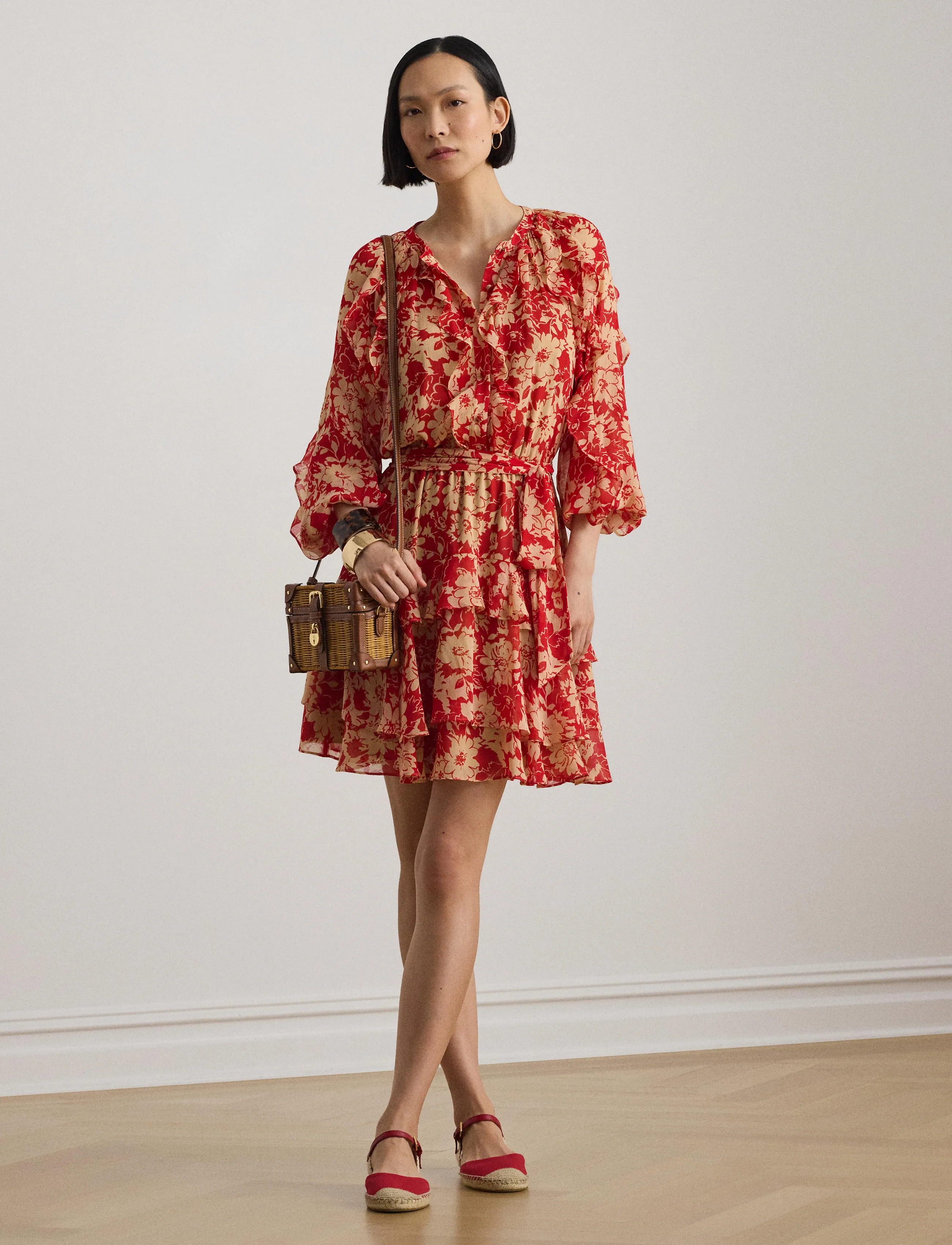 Lauren Ralph Lauren Print Ruffle-Trim Georgette Tiered Dress - Buyers' pick - RED/TAN / red
