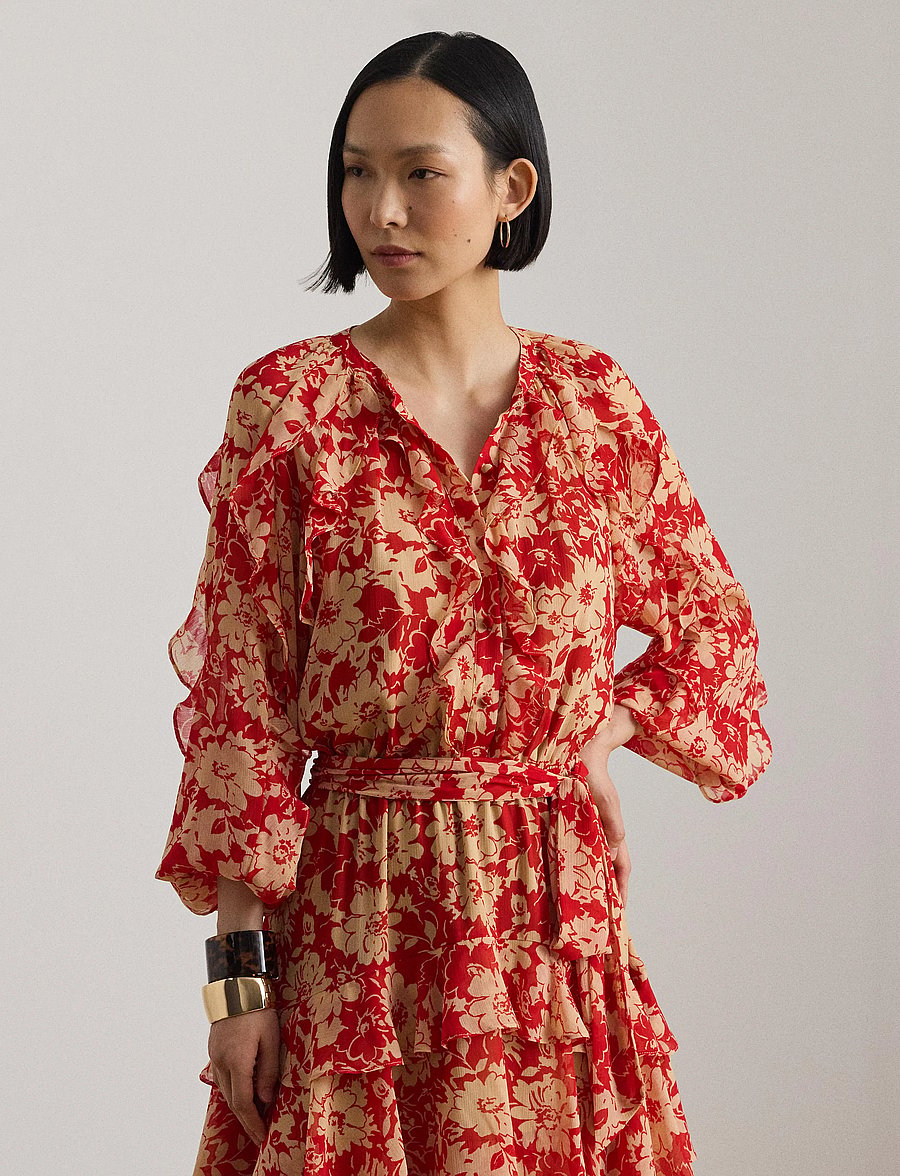 Lauren Ralph Lauren - Print Ruffle-Trim Georgette Tiered Dress - midi kjoler - red/tan - 3